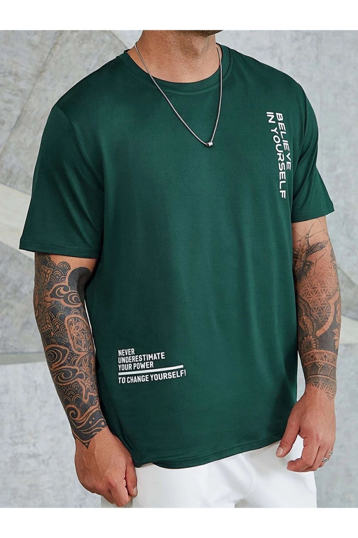 Erkek Yeşil Believe Baskılı Oversize T-shirt
