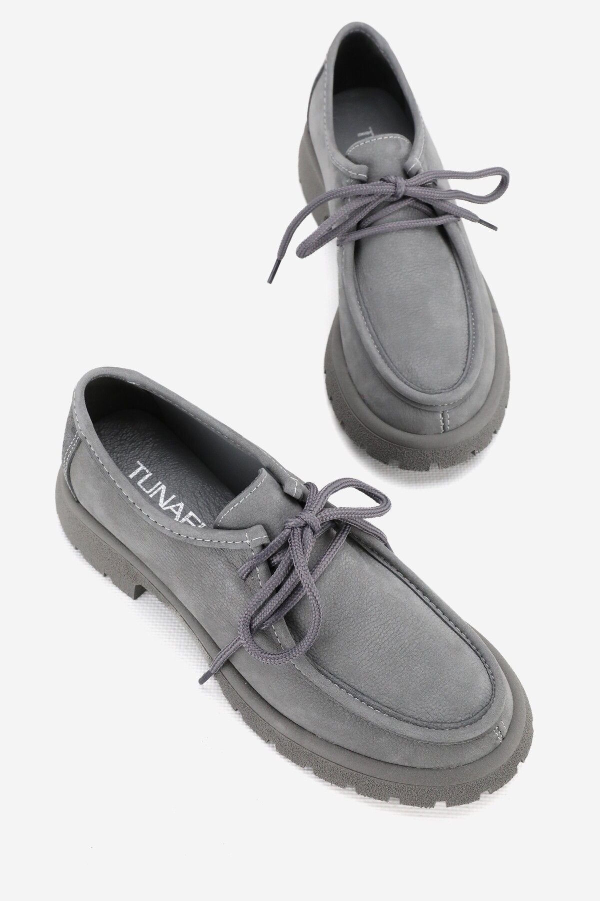 TUNAELLİ-Gray Nubuck Genuine Natural Leather - Size 36-41 Lace up Oxford Shoes 5