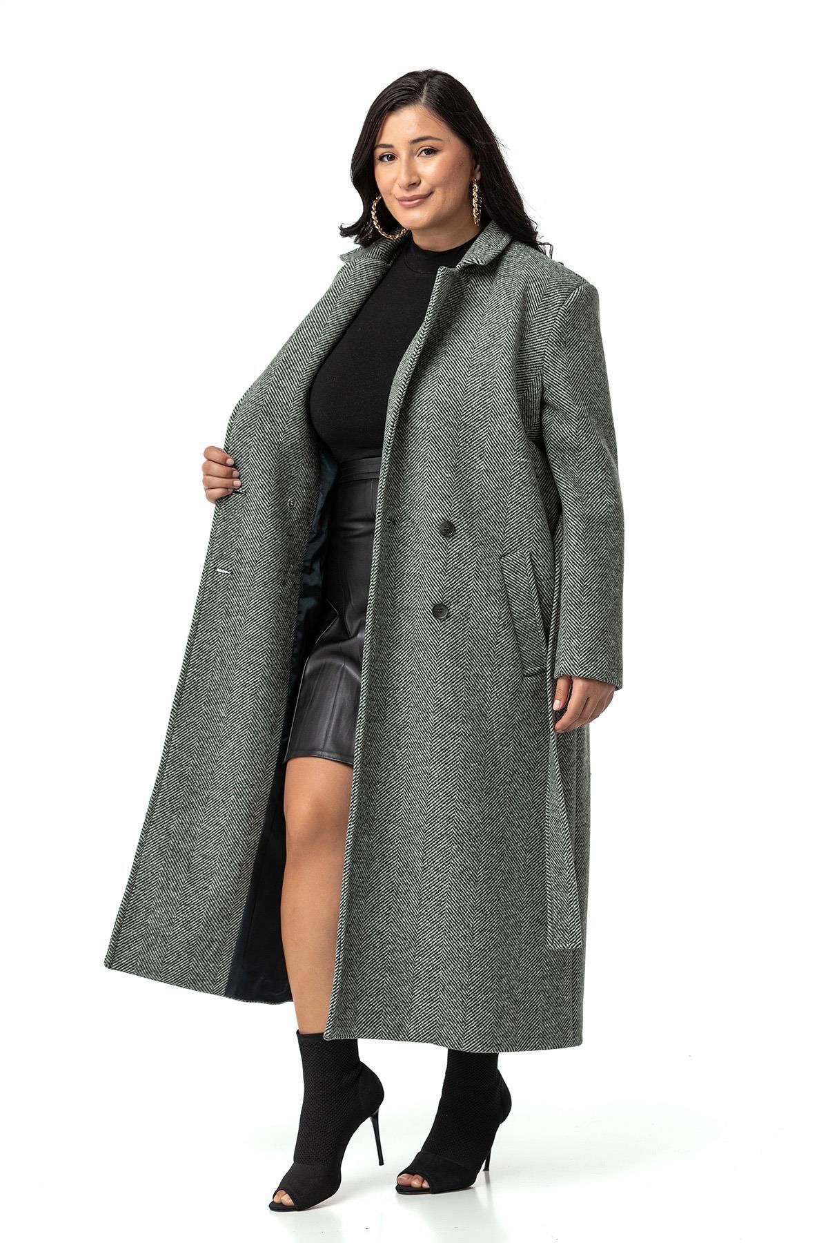 DISENTIS MODEST-Long Green Coat - Plus Size, Buttoned and Belted, Deep Slit and Herringbone Lining 5