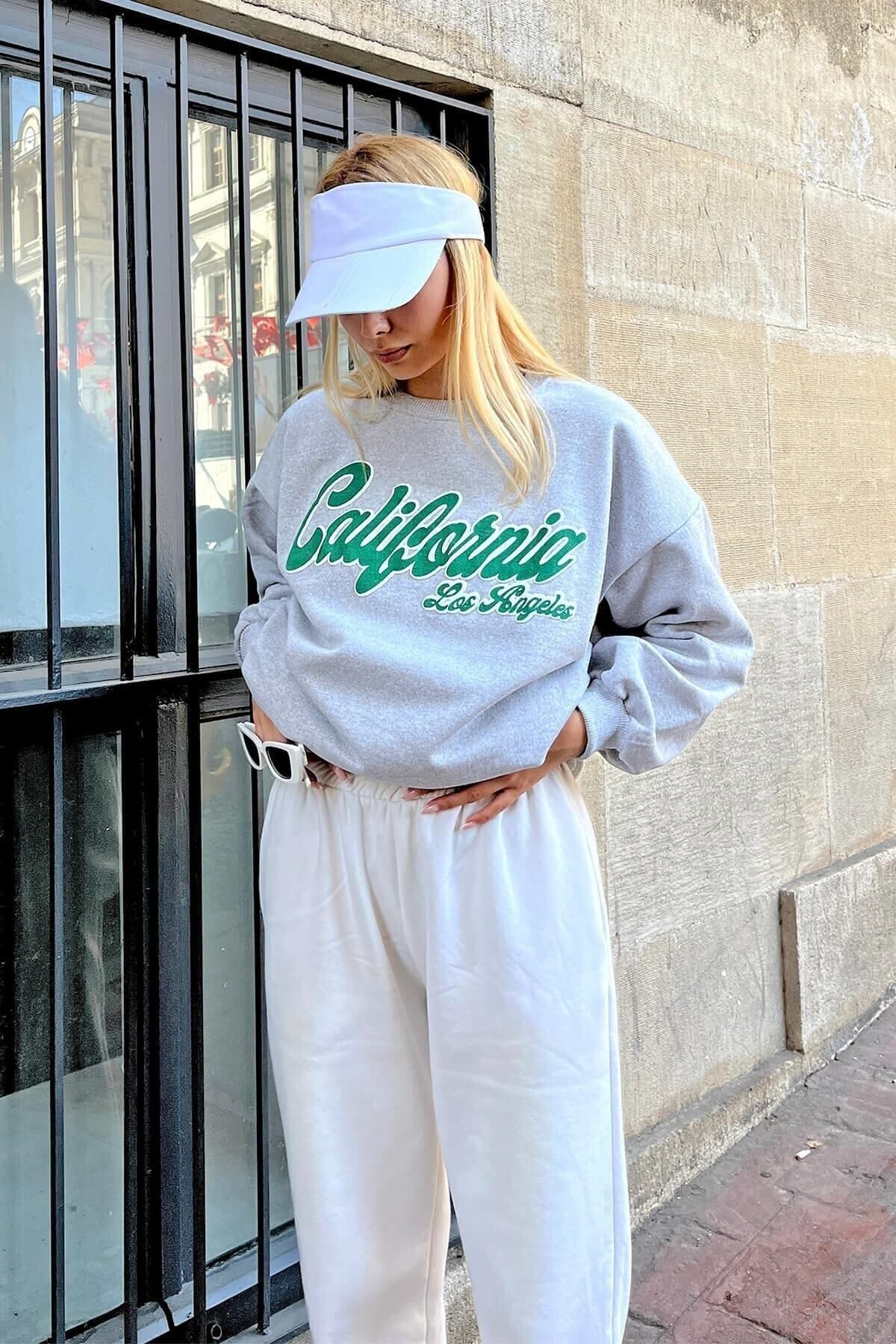 Swist  Gri 92 Ön Arka Baskılı Içi Pamuklu Kadın Sweatshirt - Görsel 3