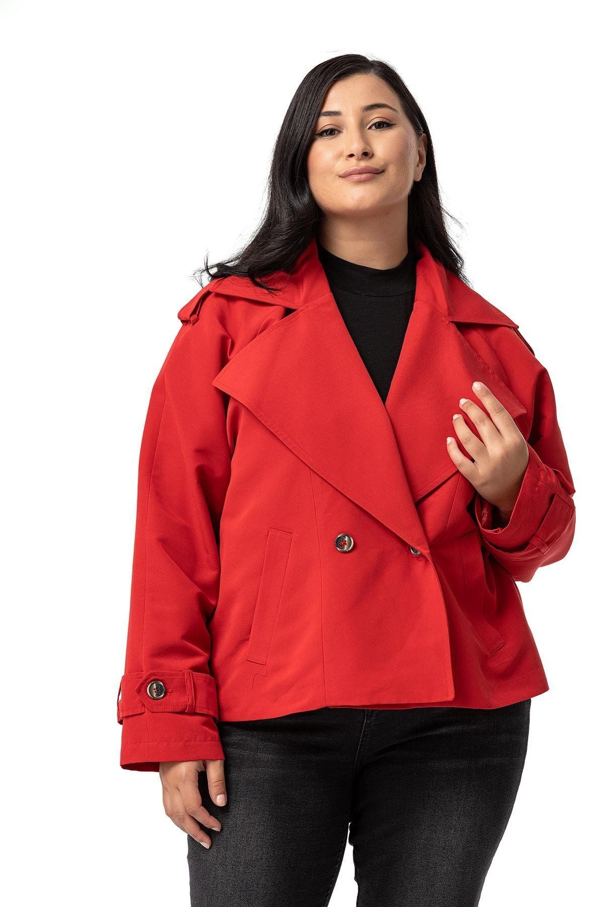 DISENTIS MODEST-Red Oversize Large Size Mono Collar Trench Coat - Lined with Epaulettes and Pockets 5