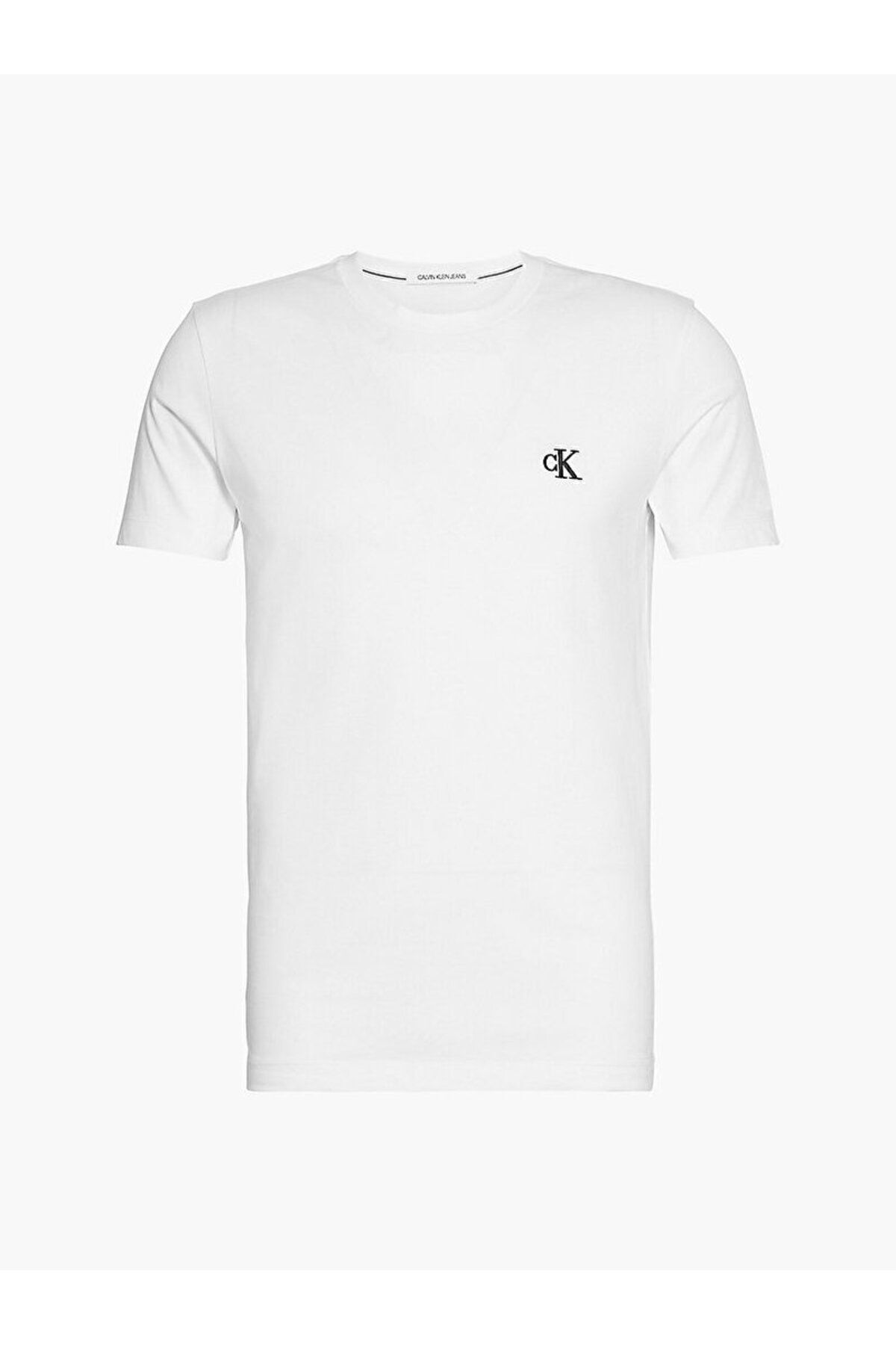 تی شرت سفید مردانه آرم گلدوزی پنبه ارگانیک باریک و دوچرخه آستین کوتاه J30J Calvin Klein