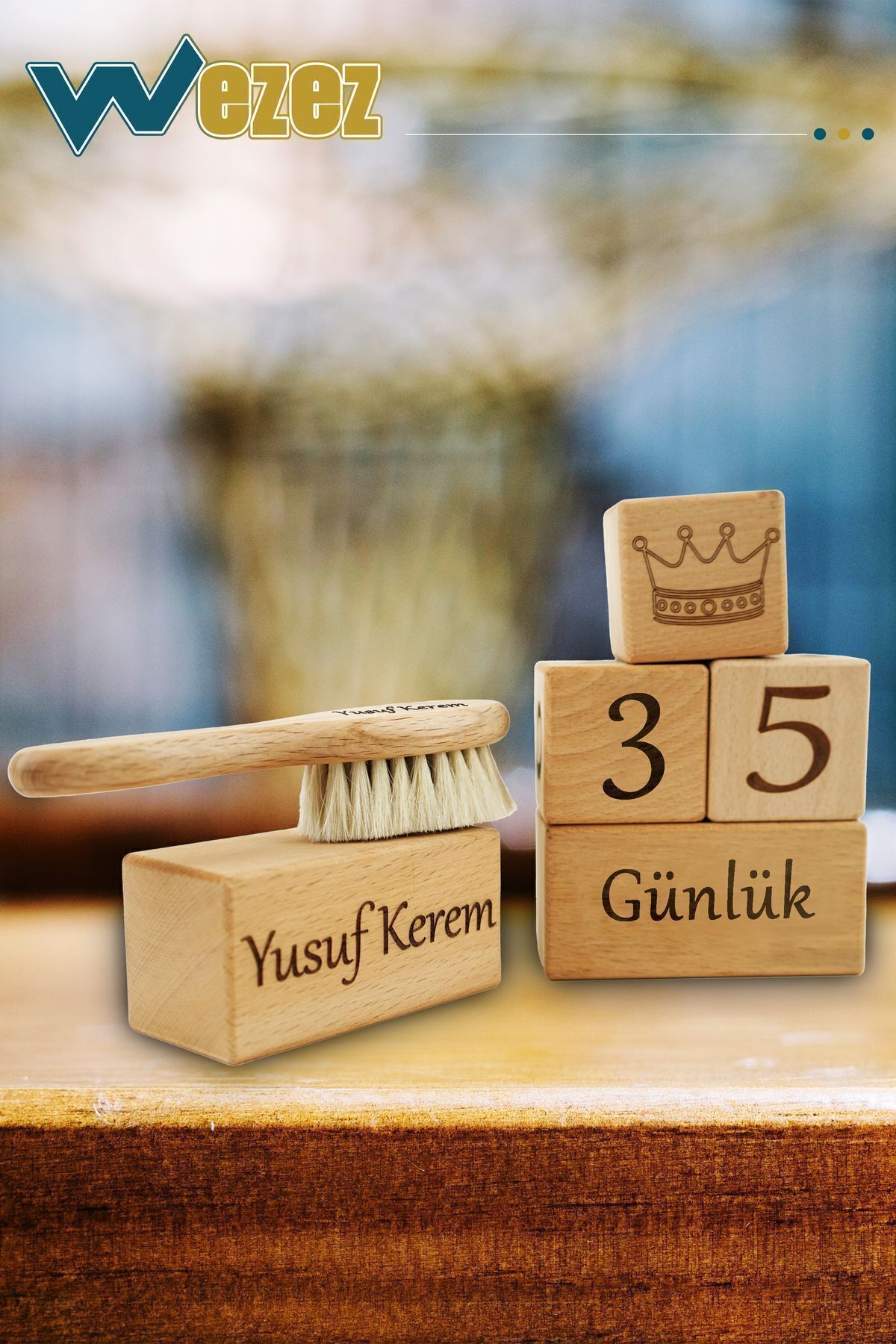 Wezez İsme Özel Anne Bebek 5'li Anı Küpü ve Doğal Keçi Kılı Saç Fırçası Seti - Dekoratif Hatıra Seti fotoğrafı 4 (önizleme)