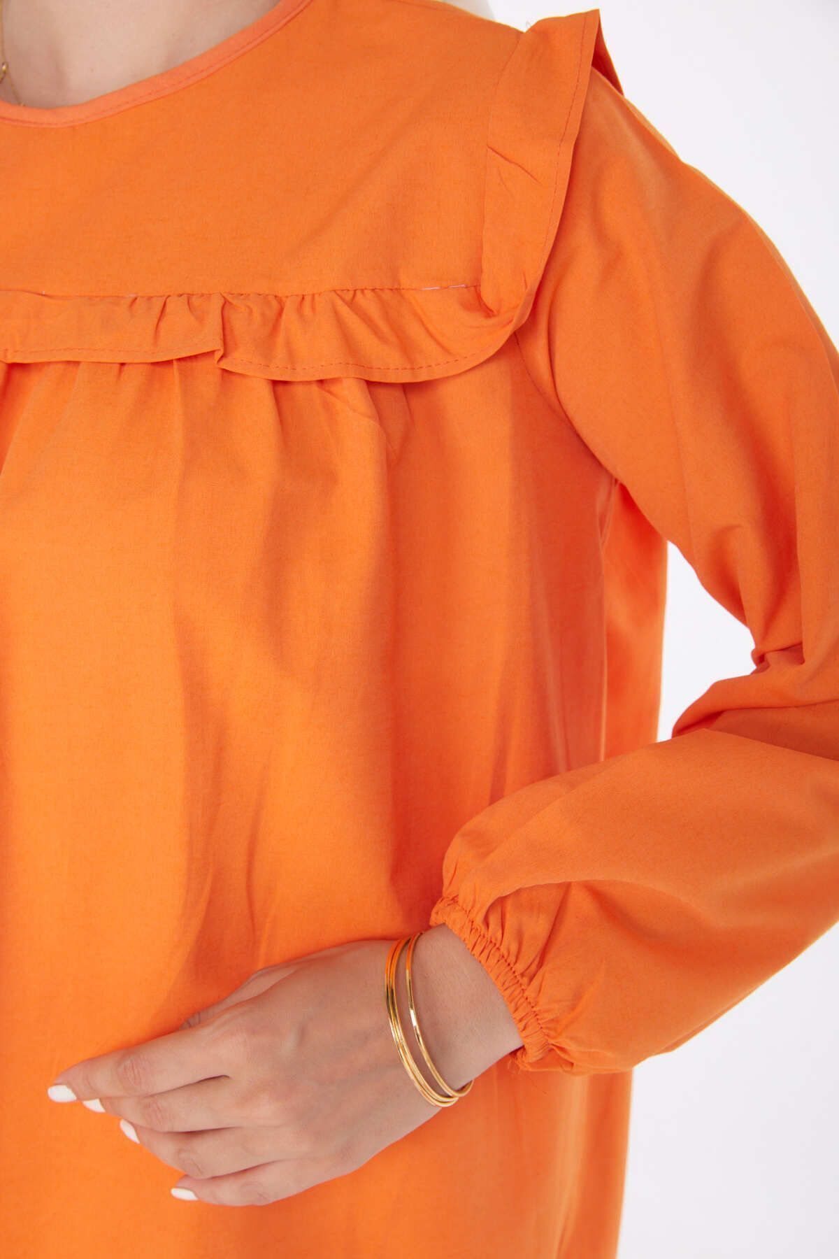 TOFİSA-Orange Ruffle Detailed Plain Crew Neck Women's Tunic - 13142 5