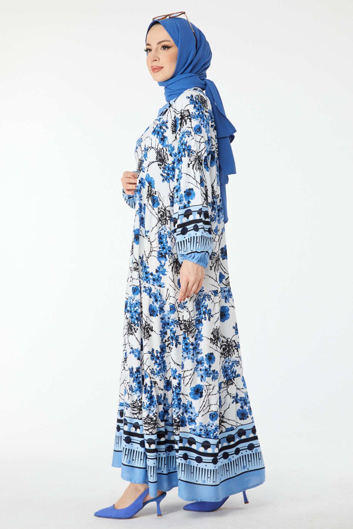 TOFİSA-Blaues gemustertes zweireihiges Damenkleid mit V-Ausschnitt - 24451 3
