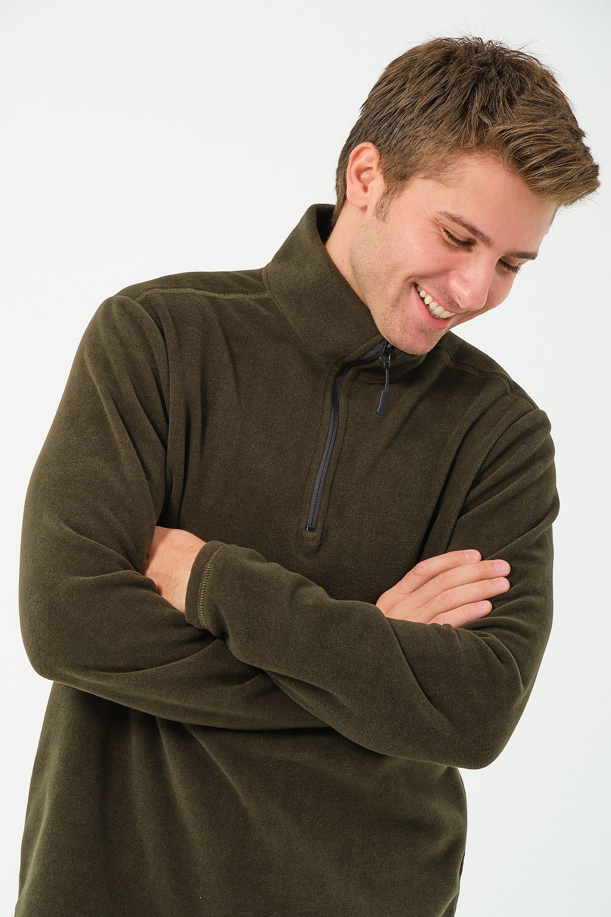 Men's Half Zipper Upright Collar Non-Feathering Fleece Khaki