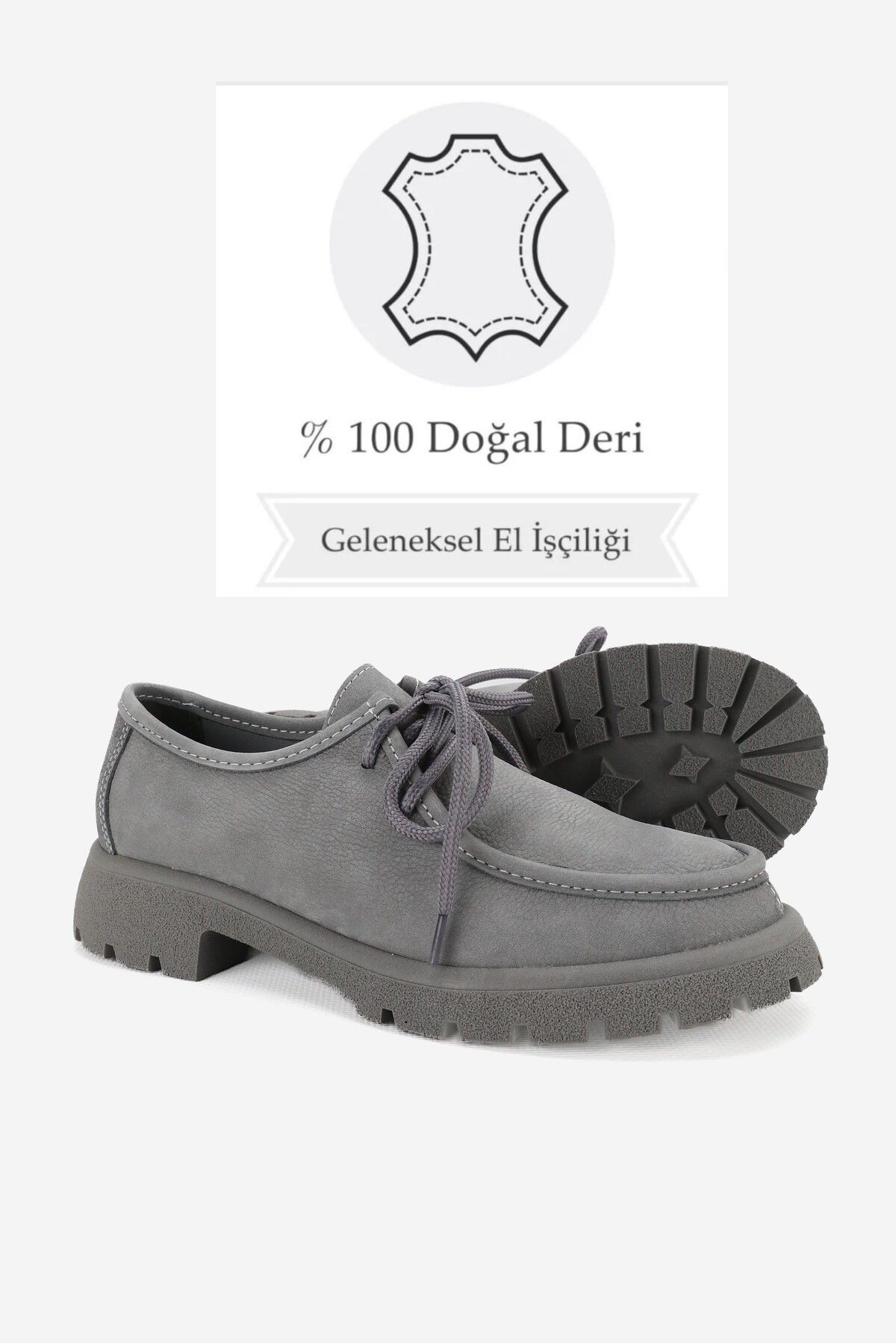 TUNAELLİ-Gray Nubuck Genuine Natural Leather - Size 36-41 Lace up Oxford Shoes 3
