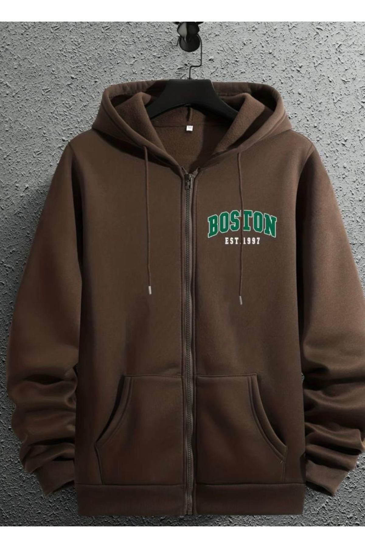 NO 601-Ανδρική καφέ ζακέτα Boston Printed - με φερμουάρ 1