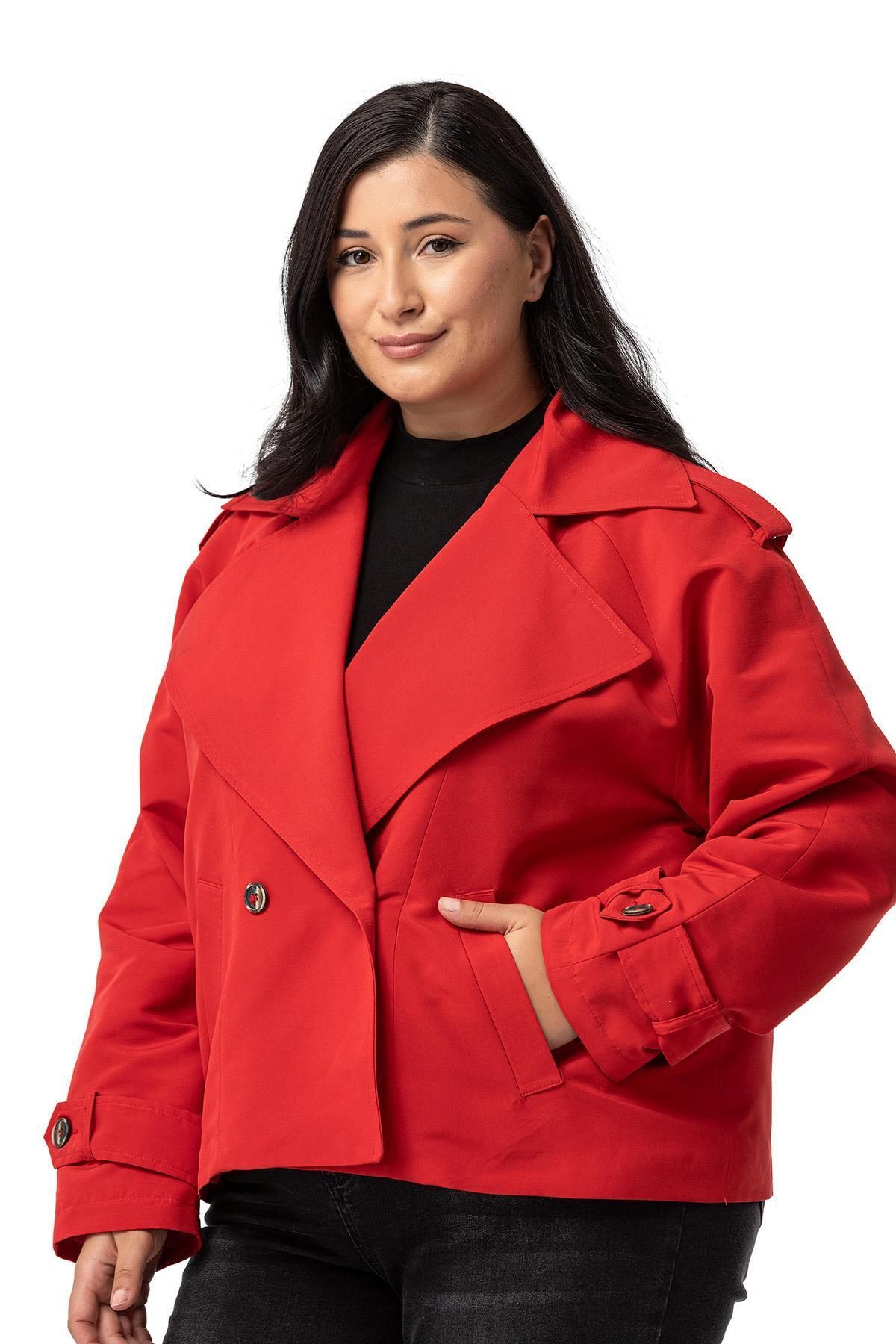 DISENTIS MODEST-Red Oversize Large Size Mono Collar Trench Coat - Lined with Epaulettes and Pockets 4
