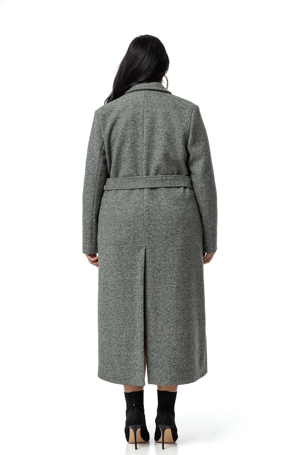 DISENTIS MODEST-Long Green Coat - Plus Size, Buttoned and Belted, Deep Slit and Herringbone Lining 3