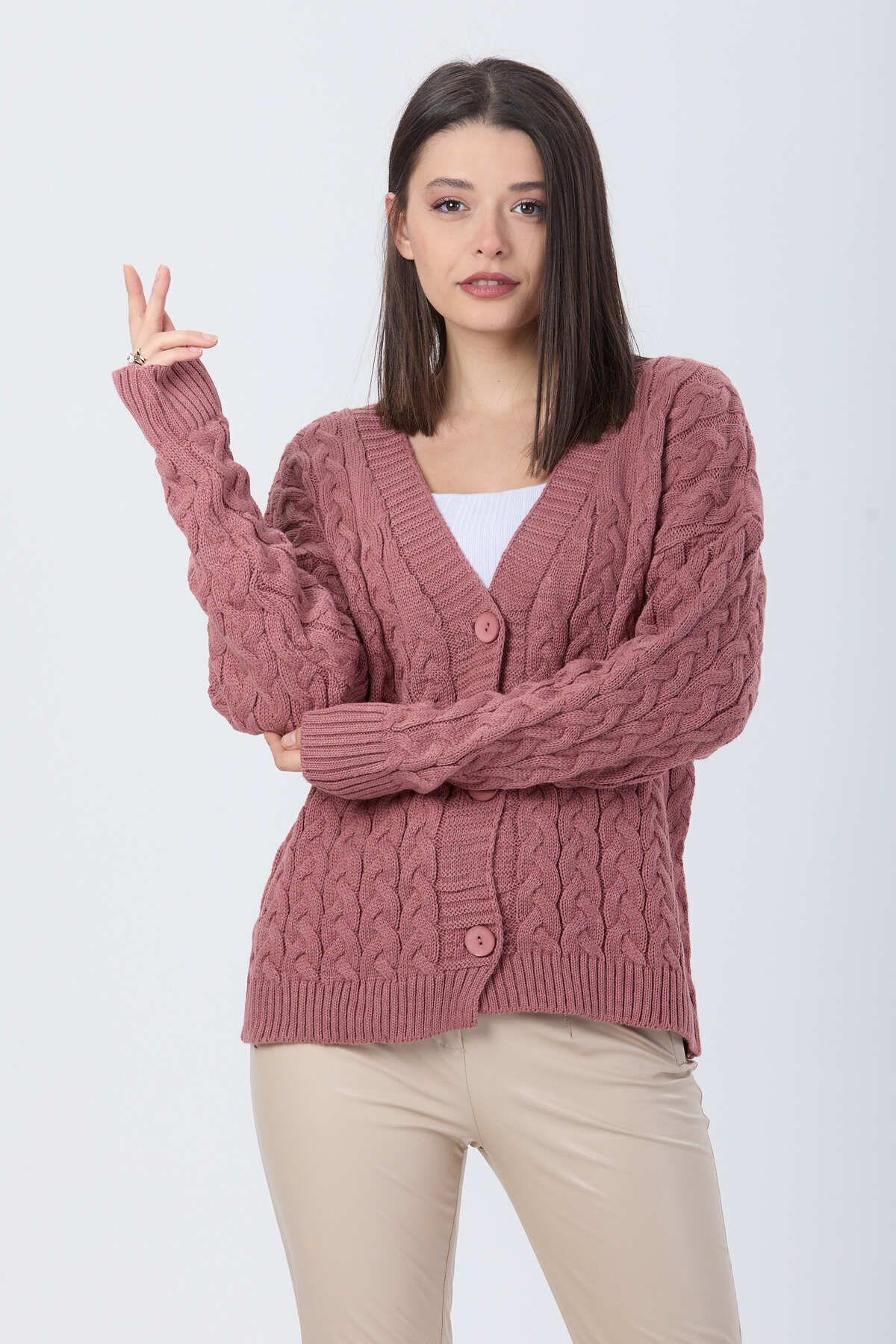 TOFİSA-Pink Knitwear Women's Cardigan - Plain Jacket Collar - 24033 3