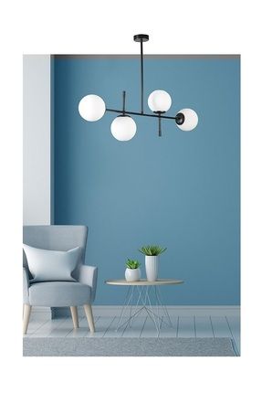 Lambadar Dörtlü Siyah Model Modern Glop Beyaz Camlı Avize