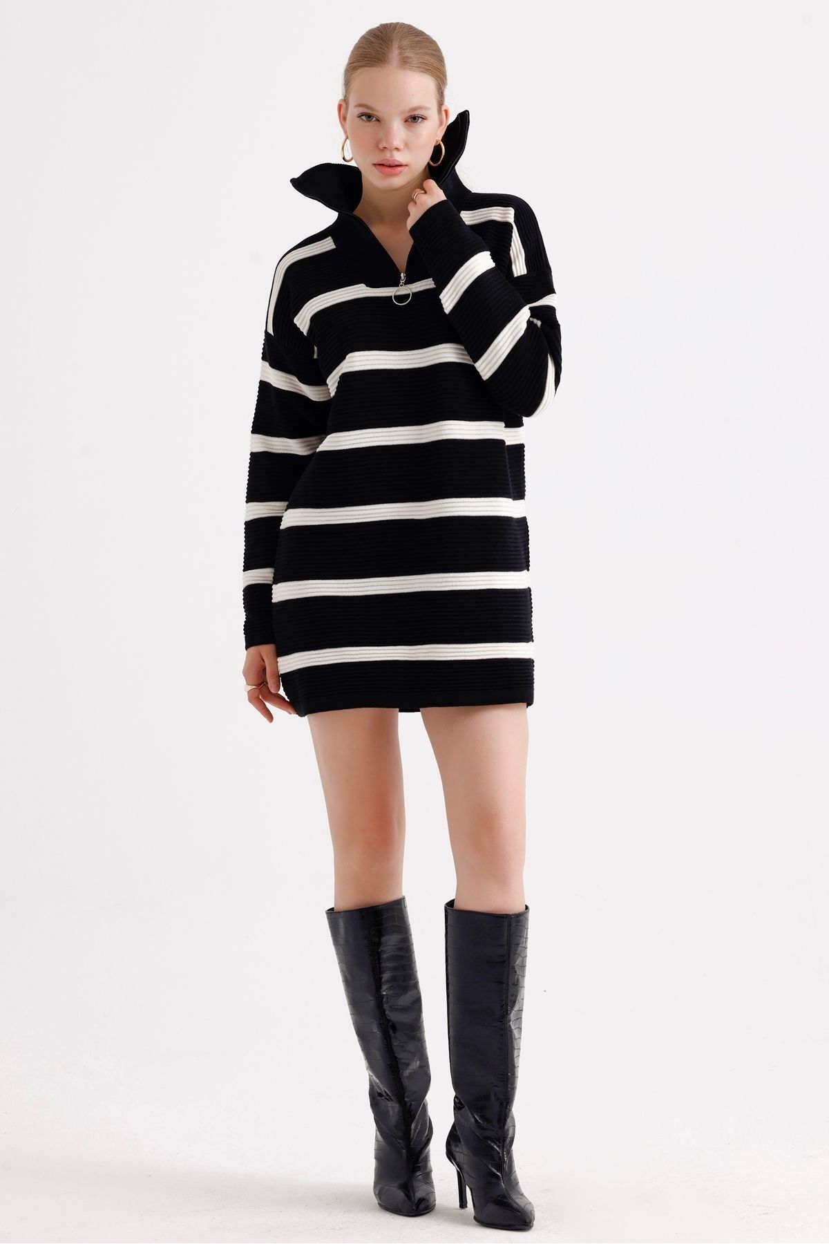 MD trend-Patterned Oversize Striped Knitwear Tunic - Zippered Collar Women's Dress 7