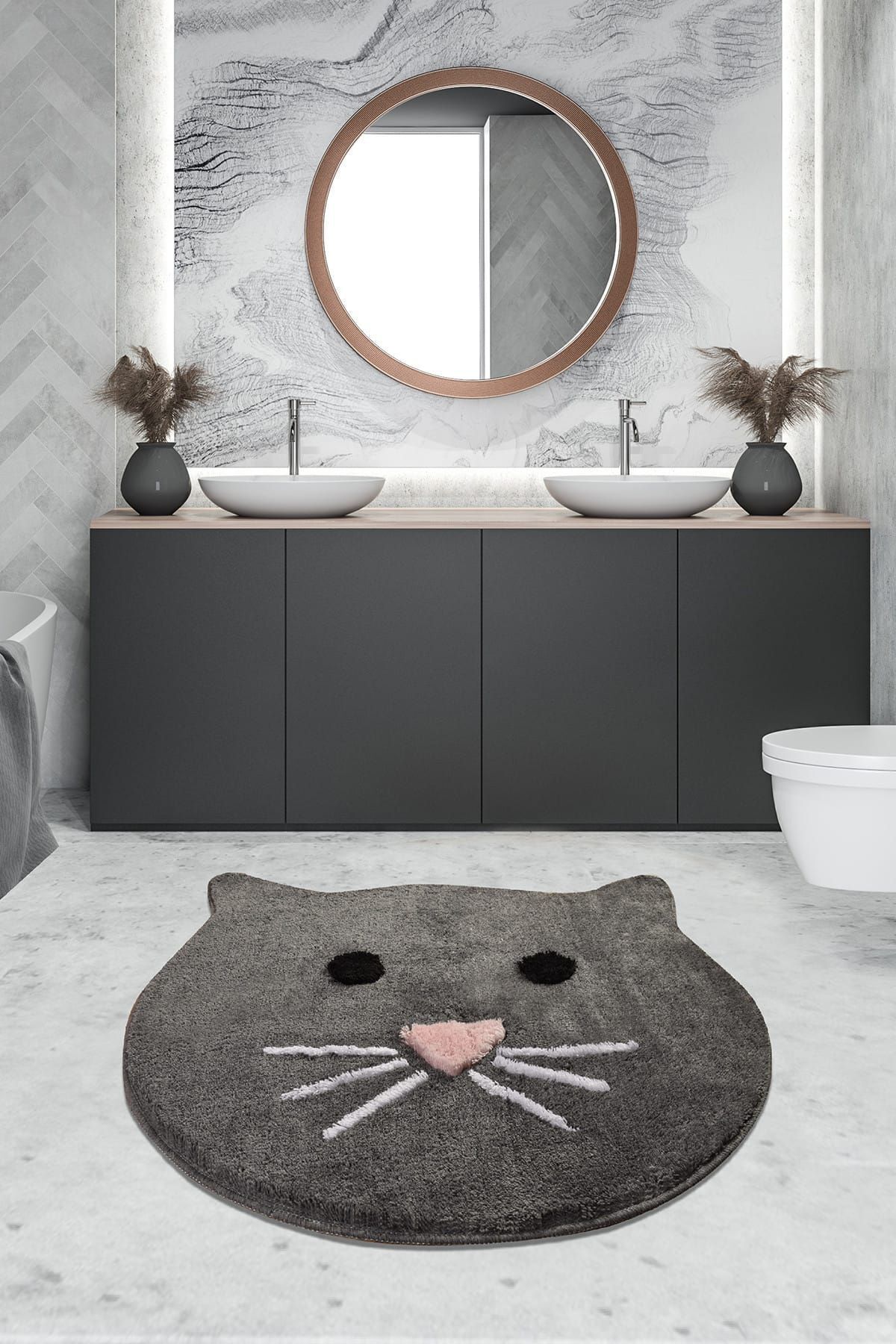 Chilai Home Cat Füme 90x90 Cm Banyo Halısı Yıkanabilir, Kaymaz Taban Akrilik