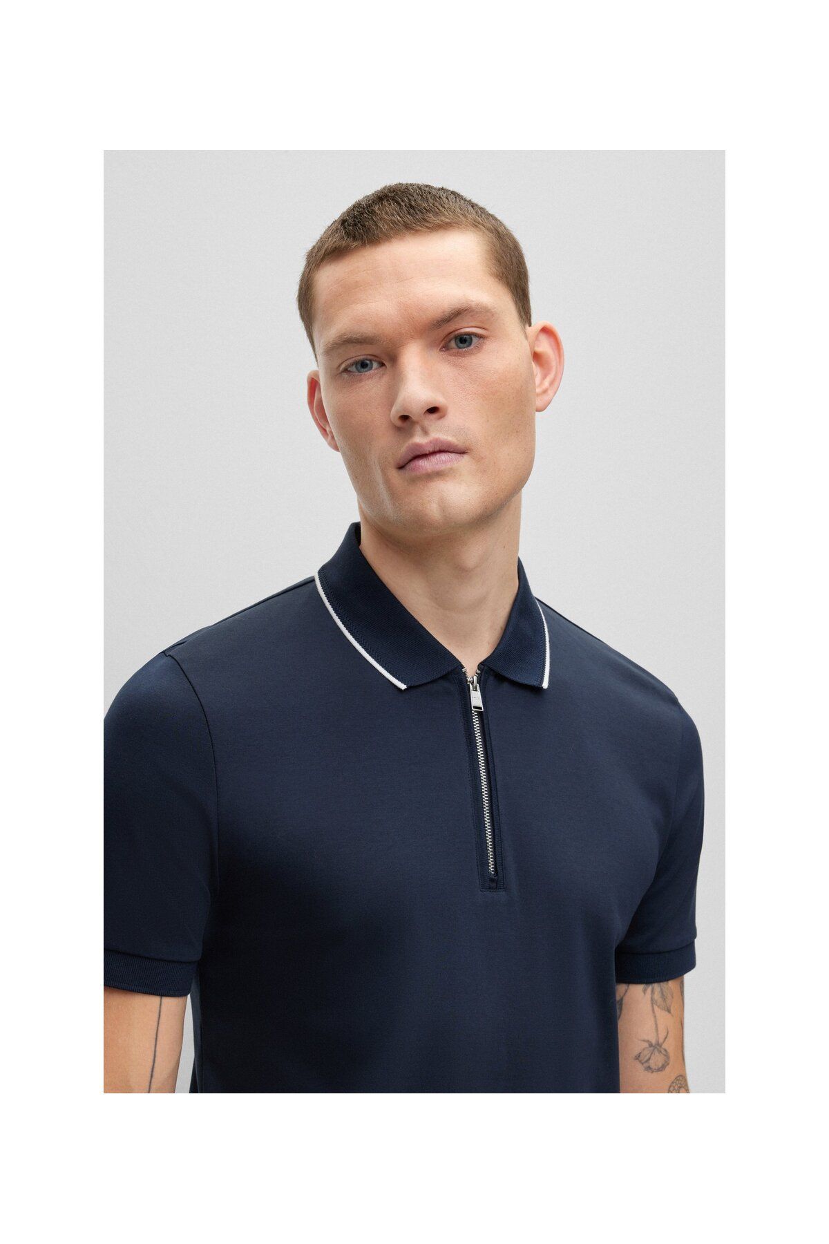 تی شرت یقه پولو آبی مردانه پنبه interlok ، زیپ برش باریک چوگان t shirt BOSS
