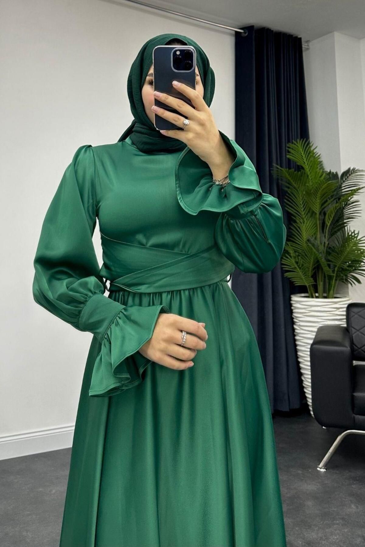 لباس شب پوشیده سبز زنانه ROSI اورجینال MERVEN AKYÜZ