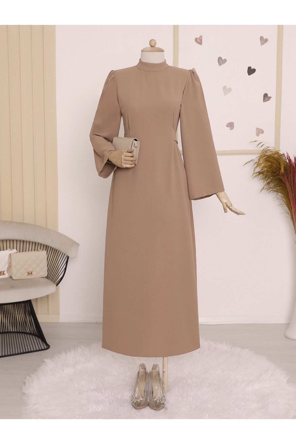 Modamorfo-Sukienka Mink Color Judge Collar z wiązaniem w talii 2