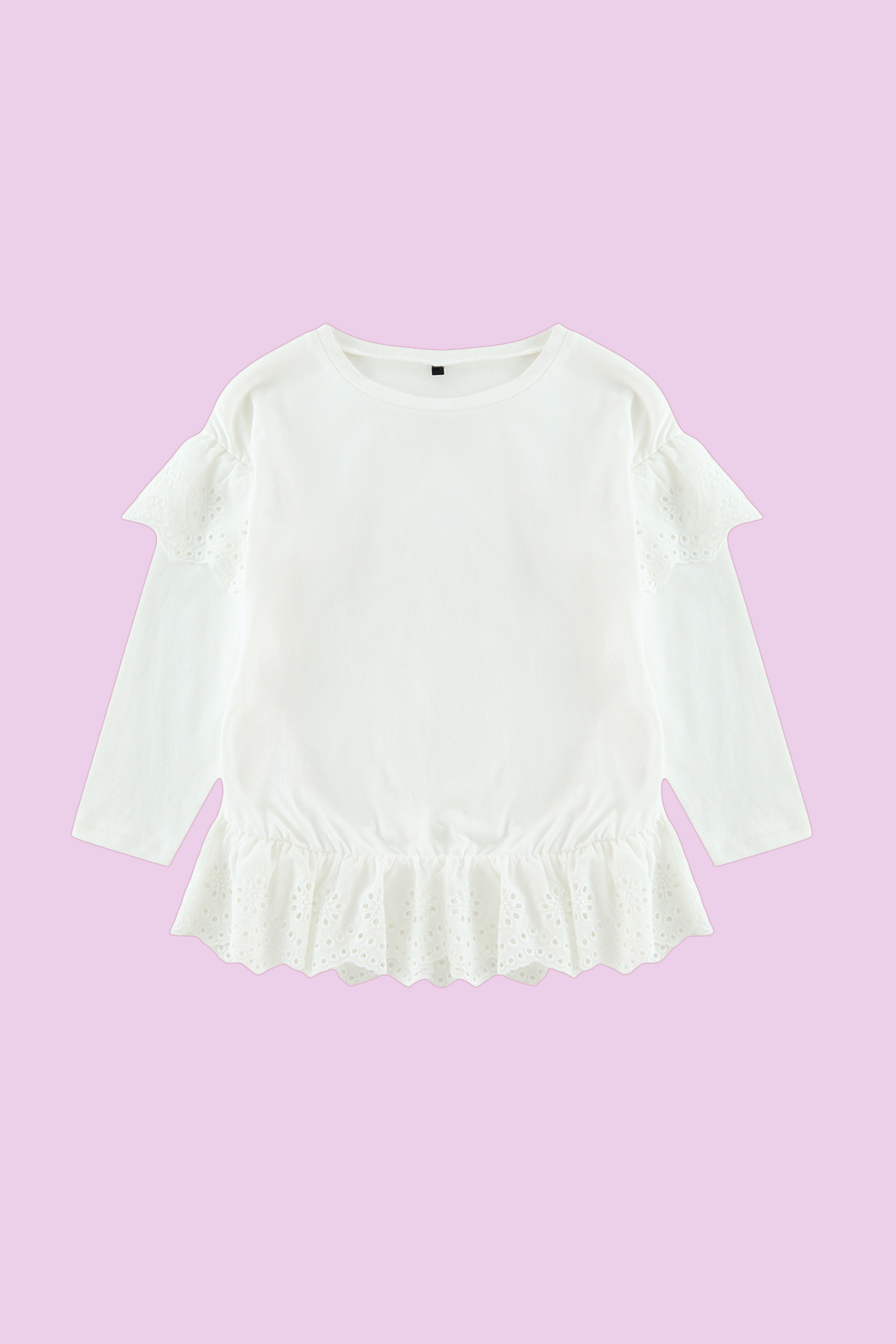 Trendyolmilla Kids Ekru Kız Çocuk %100 Pamuk Brode Fırfır Detaylı Uzun Kol Örme T-Shirt/Bluz TKDAW25TS00014