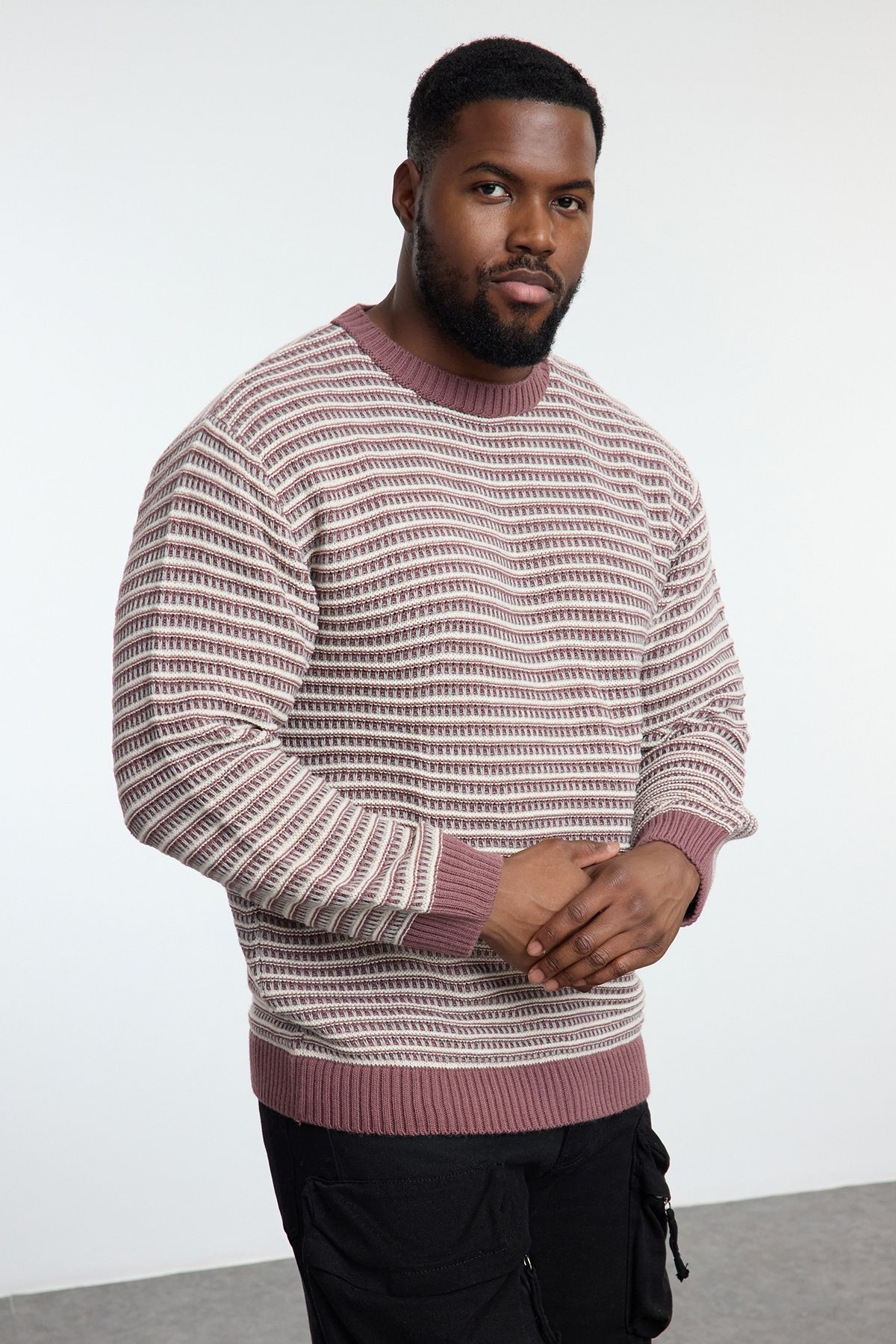 Trendyol Collection Męski Etniczny Sweter Z Suszonej Róży W Dużym Rozmiarze - Okrągły Dekolt Tmnaw25an00005 Mężczyzna - 3XL