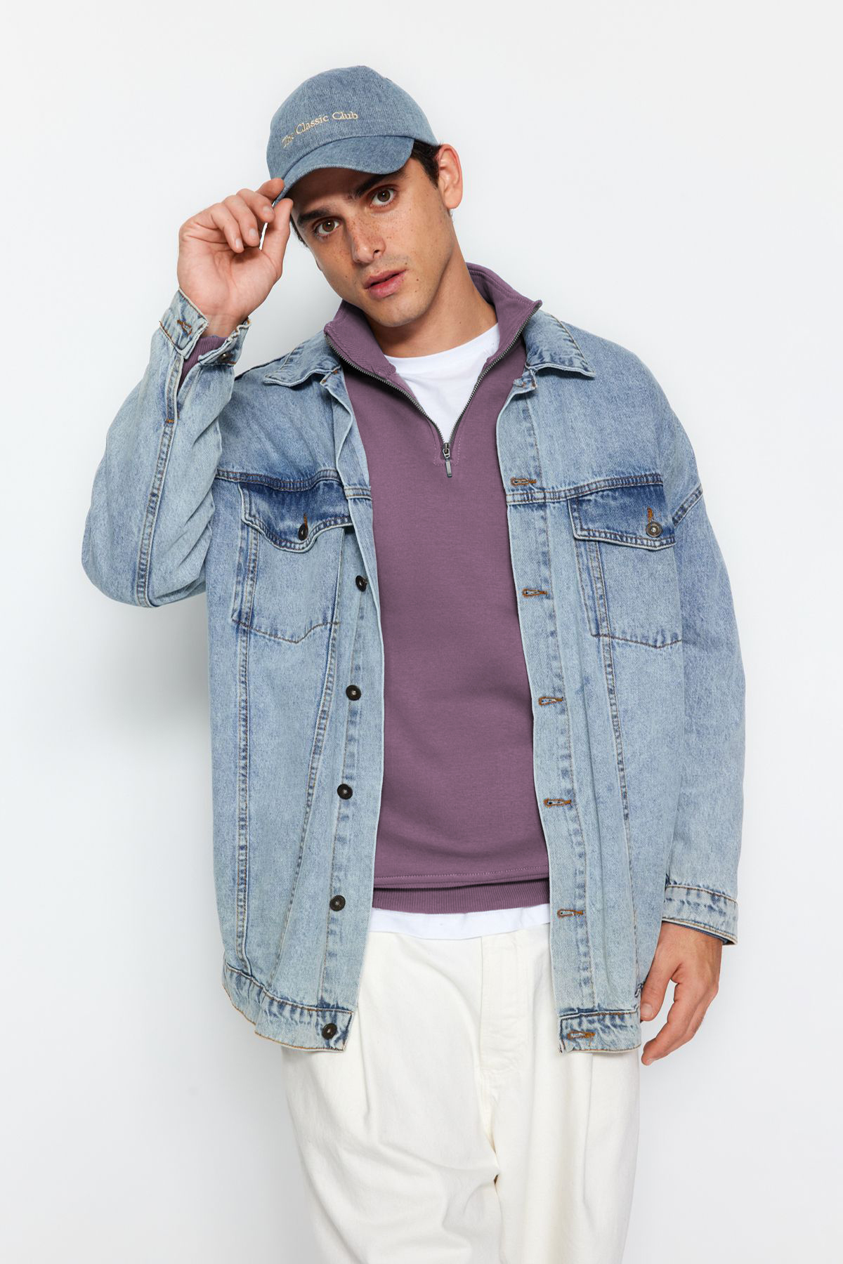 Trendyolmilla  Mor Regular/Normal Kesim Dik Yaka Fermuarlı Pamuklu Basic İçi Polarlı Sweatshirt TMNAW24SW00041 - Görsel 3