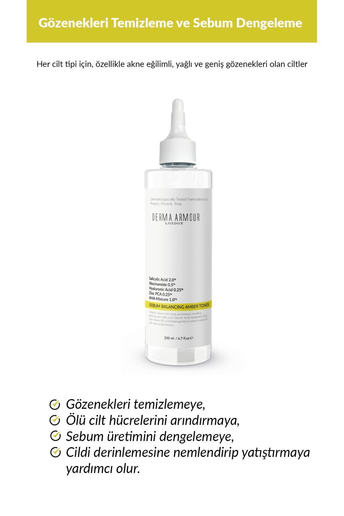 تونر آکنه کهربا و تونیک ضد بلوک 2 ٪ اسید سالیسیلیک 1 مخلوط AHA 200 میل derma armour