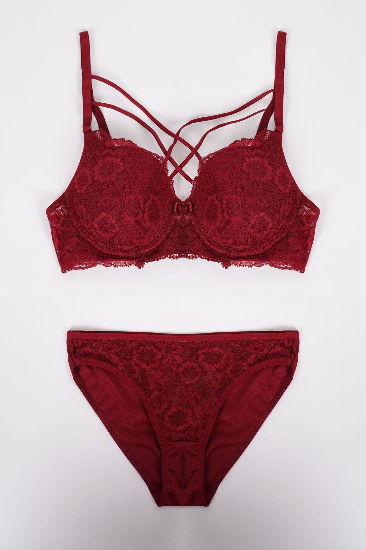 EMINNA-Set de lenjerie intima din dantelă dublă încrucișată Burgundy 1