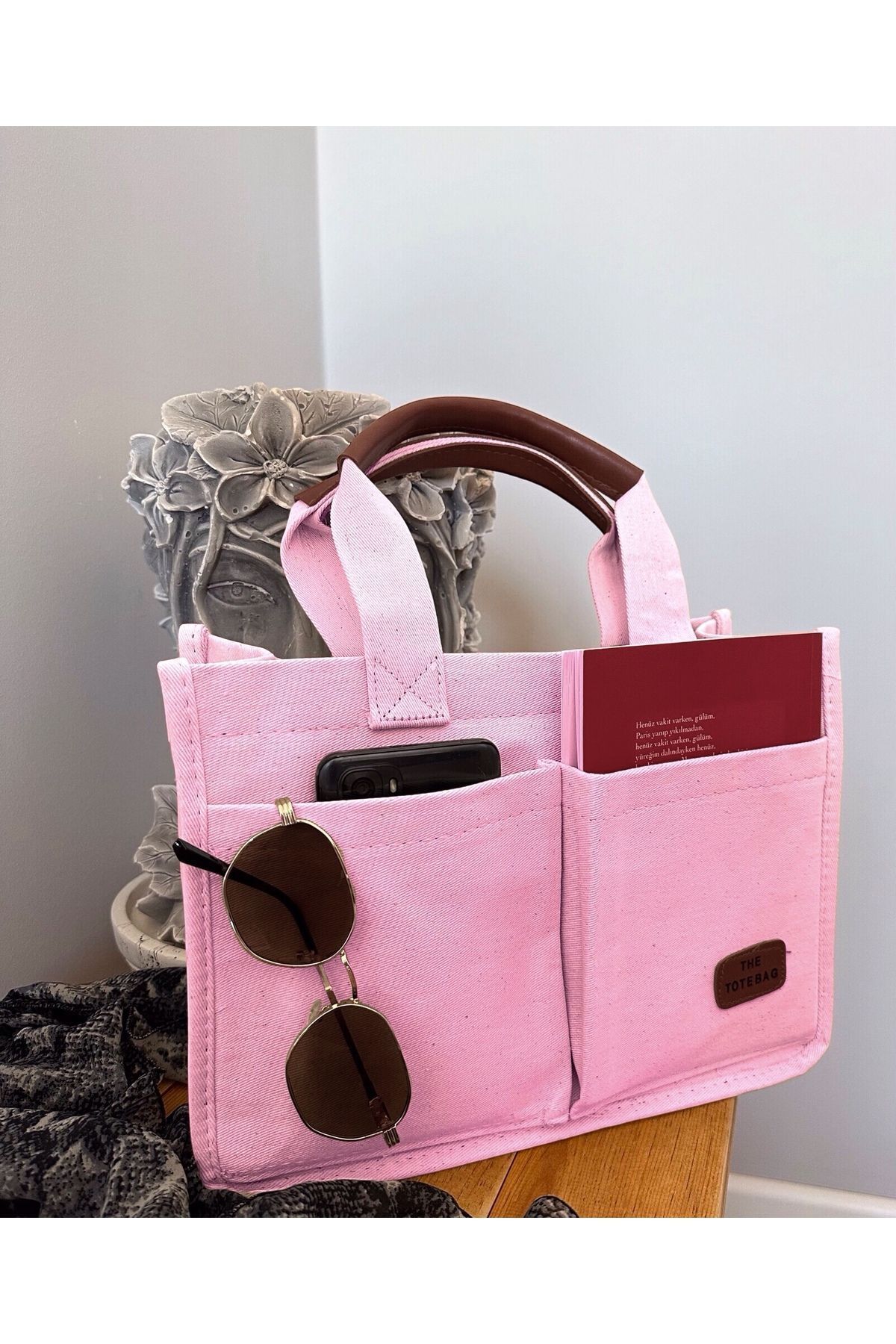 Women's Canvas Fabric Pink Color Two Pieces Tote Bag Hand and Shoulder Bag with Front Pockets