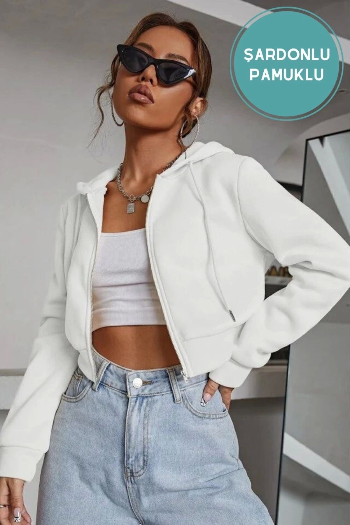 VAN SCHENDEL  Kadın Kırık Beyaz Fitted Crop Kapşonlu Zip Fermuarlı Polar Hırka Sweatshirt