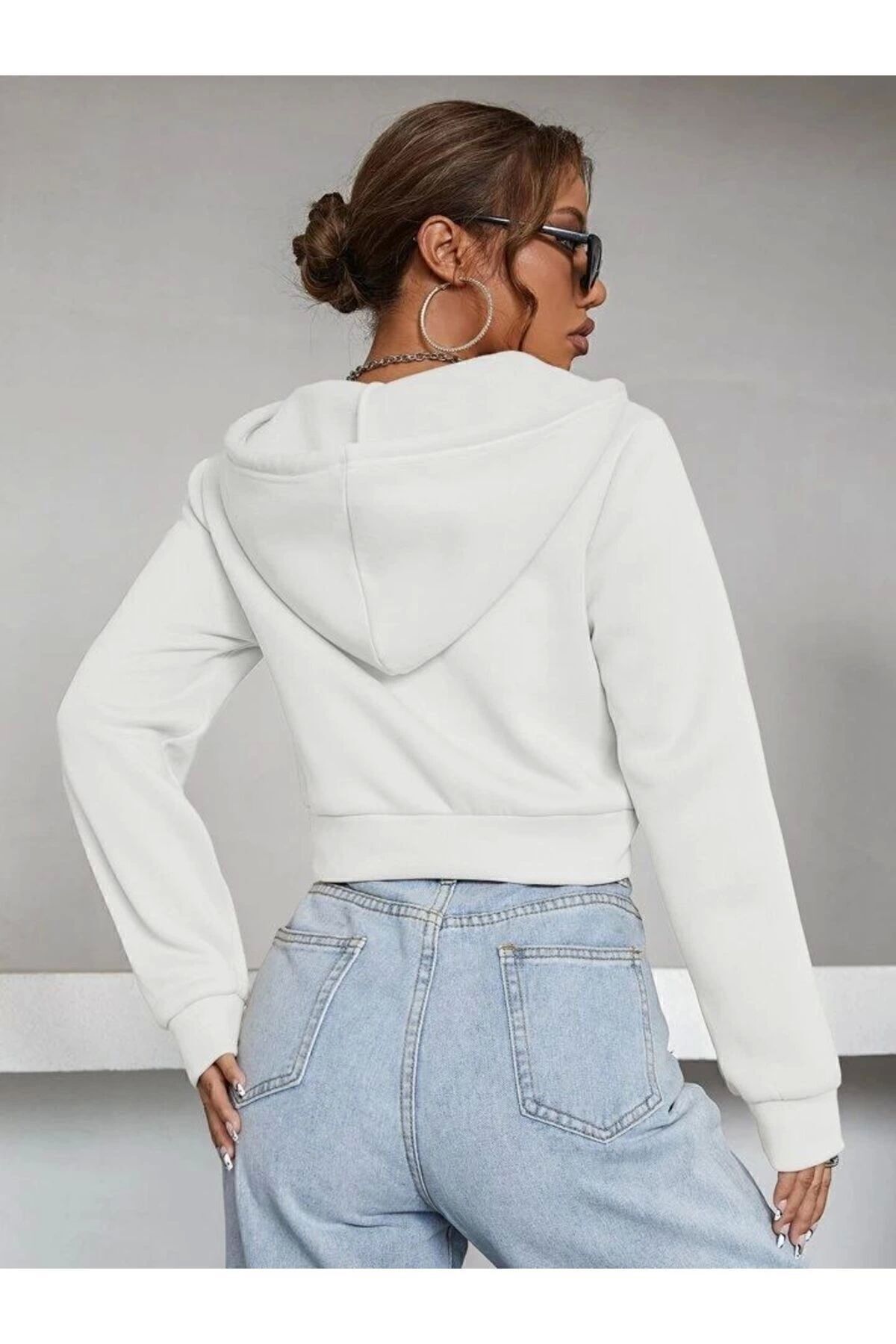 VAN SCHENDEL  Kadın Kırık Beyaz Fitted Crop Kapşonlu Zip Fermuarlı Polar Hırka Sweatshirt - Görsel 7