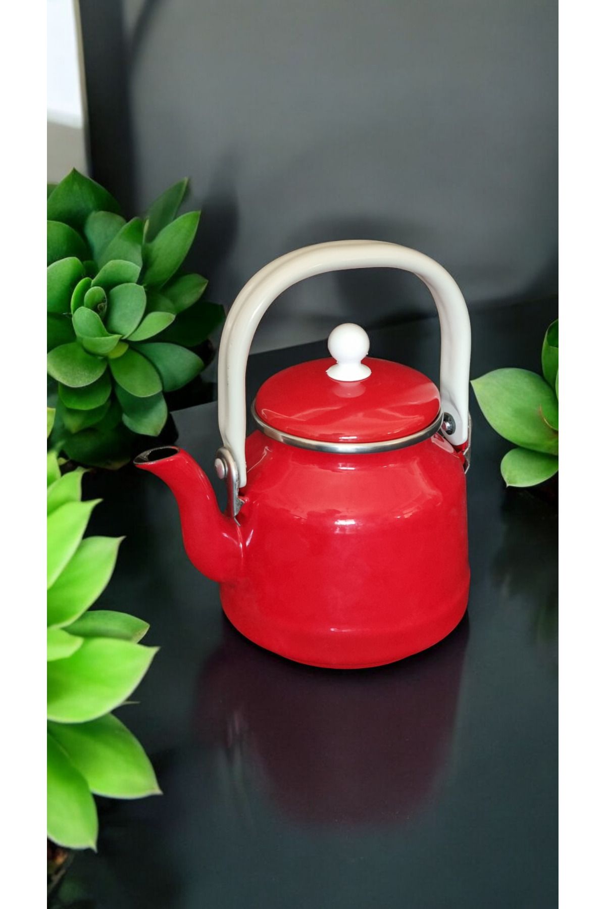 Emaye Demlik Üstten Saplı 1 Litre kırmızı vintage çaydanlık