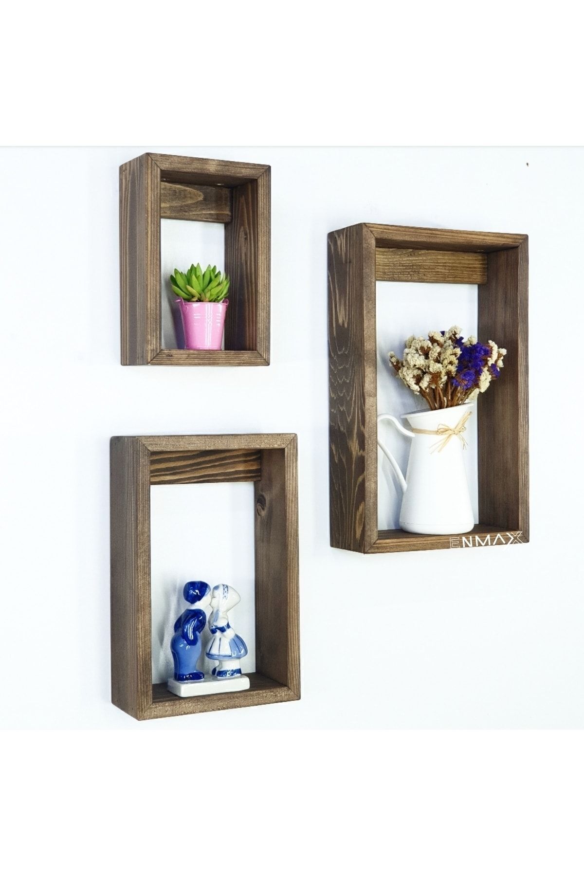 Wooden 3-Piece Decorative Wall Shelf Bookcase Vazoluk Flowerbed Figurine