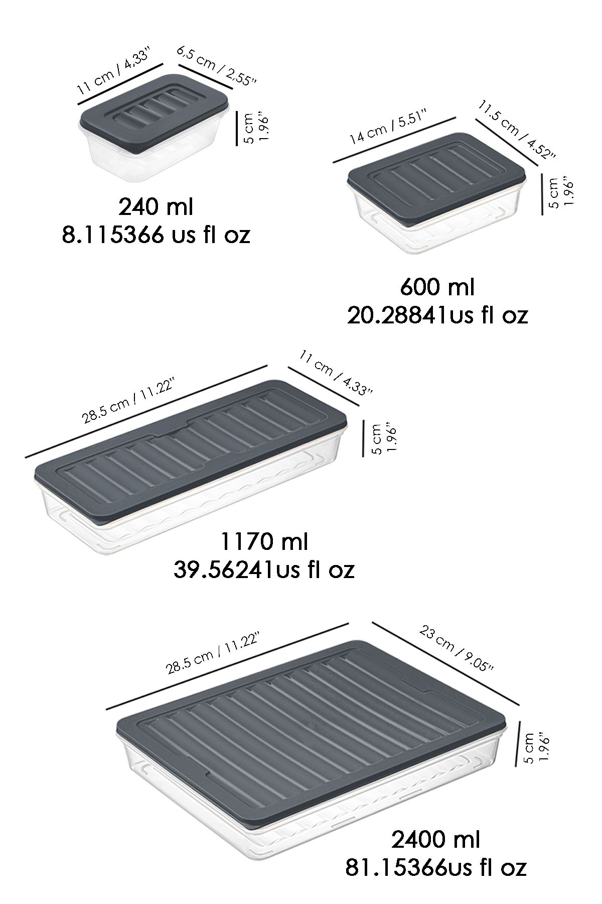 Meleni Home-25 Pieces Anthracite Microwave Compatible Organizer -1X2400Ml 4X1170Ml 8X600Ml 12X240Ml Storage Container 7