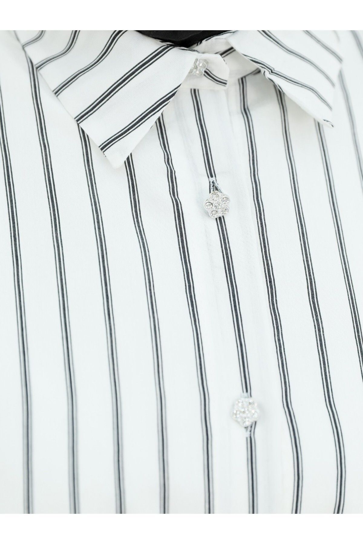HİJABAYA-Stone Detailed Thin Striped Casual Shirt 2