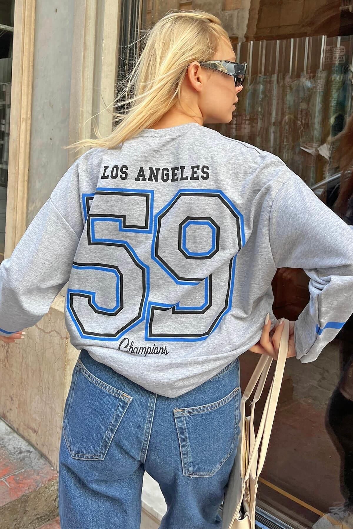 Swist Szara Damska Bluza Oversize Los 59 Z Nadrukiem Z Przodu I Z Tyłu Kobieta - L/XL