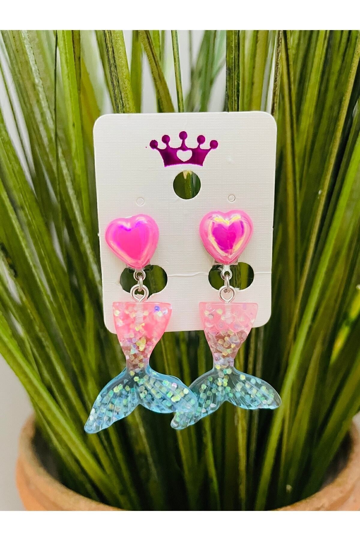 1PARÇAMAVİ-Blue Pink Heart Mermaid Tail Mermarid Clip Children's Earrings - Non-Perforated Ear Earrings 4