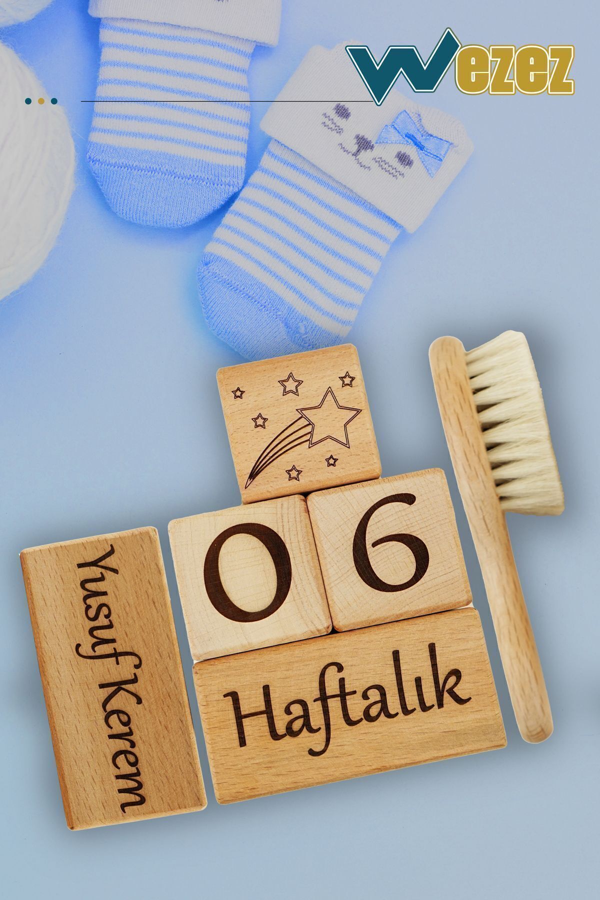 Wezez İsme Özel Anne Bebek 5'li Anı Küpü ve Doğal Keçi Kılı Saç Fırçası Seti - Dekoratif Hatıra Seti fotoğrafı 6 (önizleme)