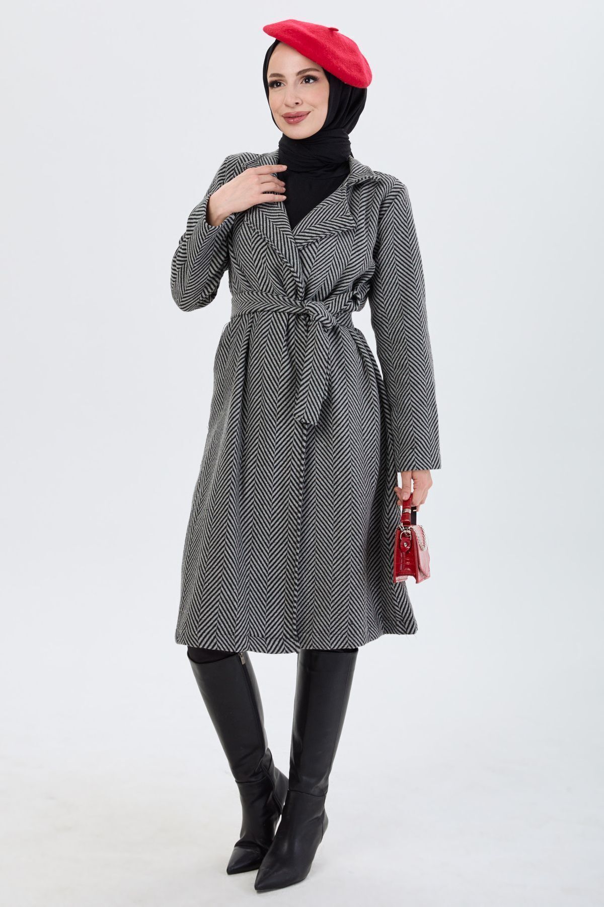 TOFİSA-Women's Gray Trench Straight Jacket Collar - 13091 4