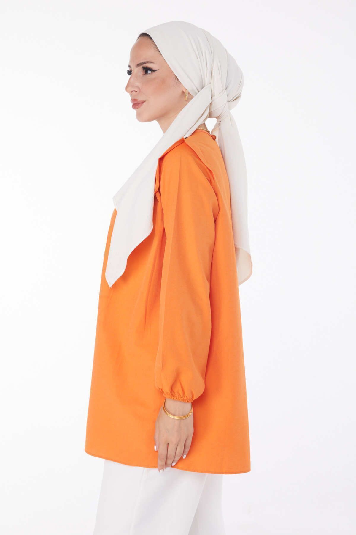 TOFİSA-Orange Ruffle Detailed Plain Crew Neck Women's Tunic - 13142 3