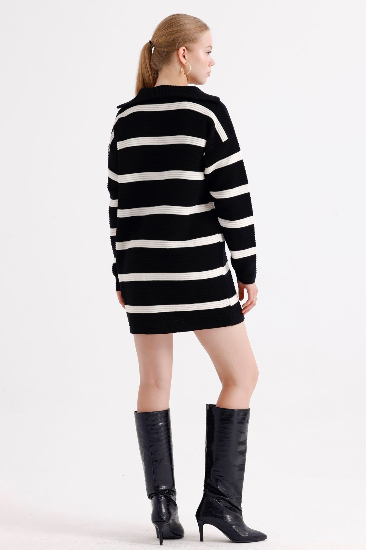 MD trend-Patterned Oversize Striped Knitwear Tunic - Zippered Collar Women's Dress 8