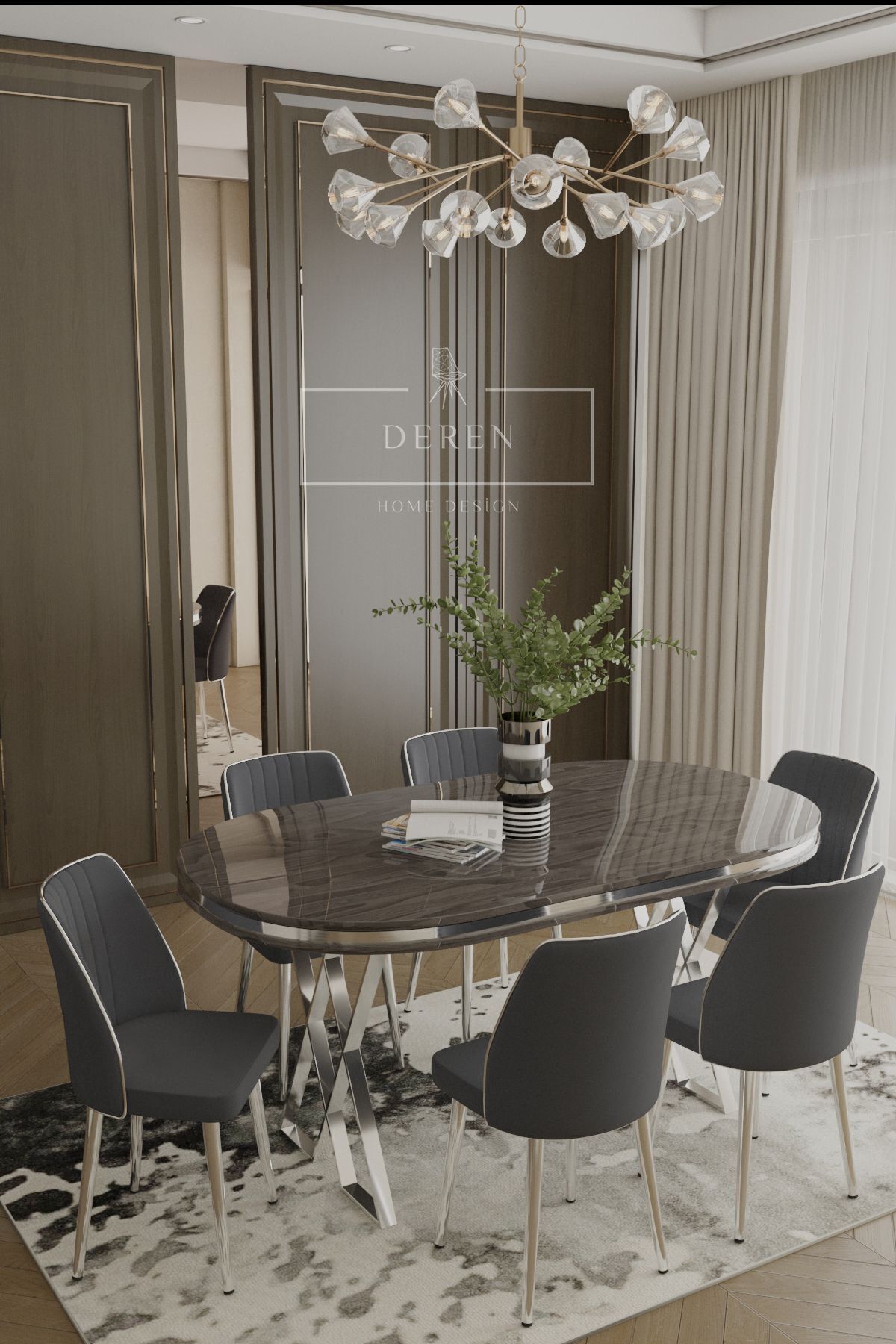 Nex Serisi Mdf Lak Masa 90x168 Gümüş Metal Ayak 6 Adet Füme Baby Face Silinebilir Kumaş Sandalye
