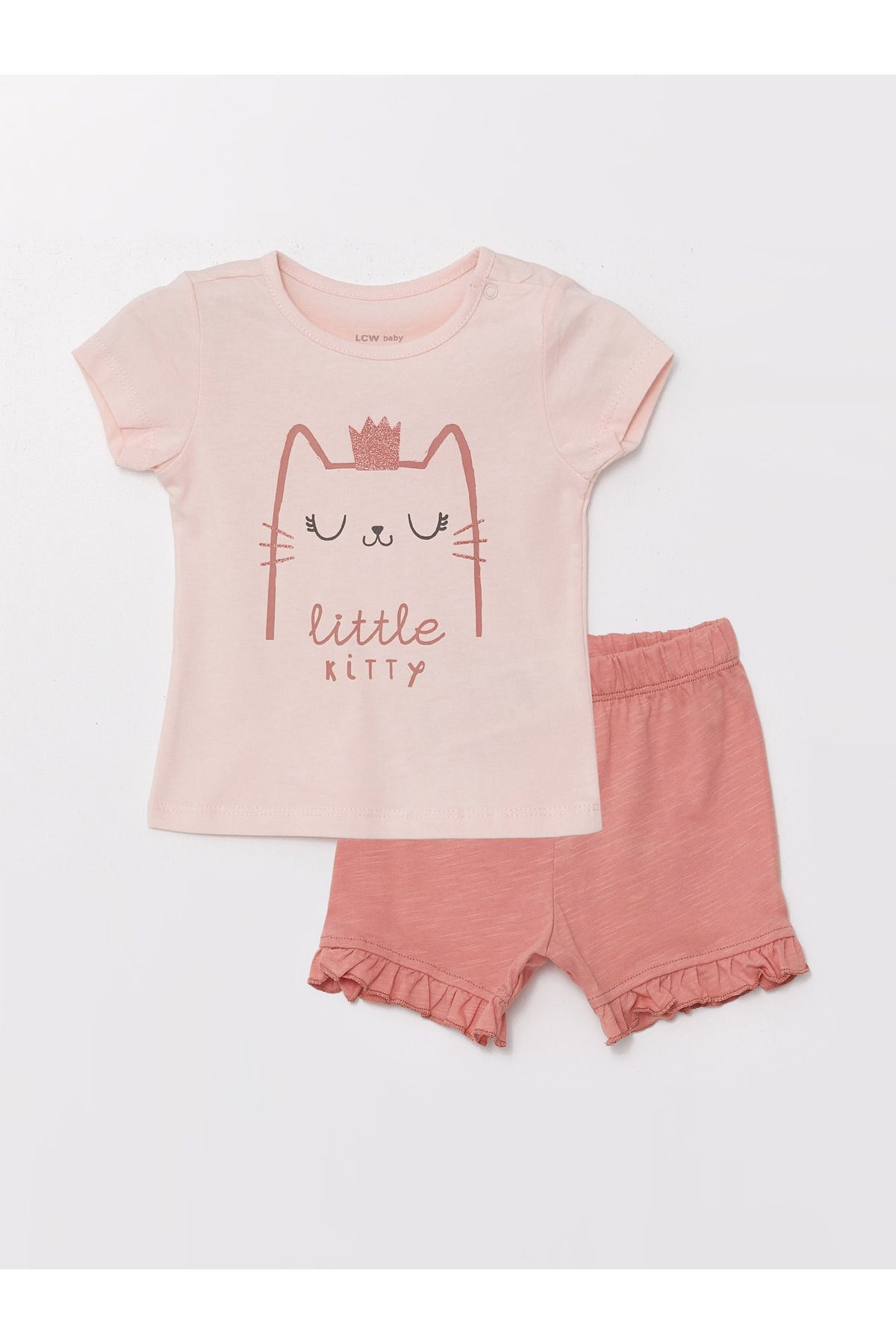 LC Waikiki Komplet Piżamowy Dla Dziewczynki Z Krótkimi Spodenkami - Okrągły Dekolt, Krótki Rękaw, Nadruk Kobieta - 3–6 months