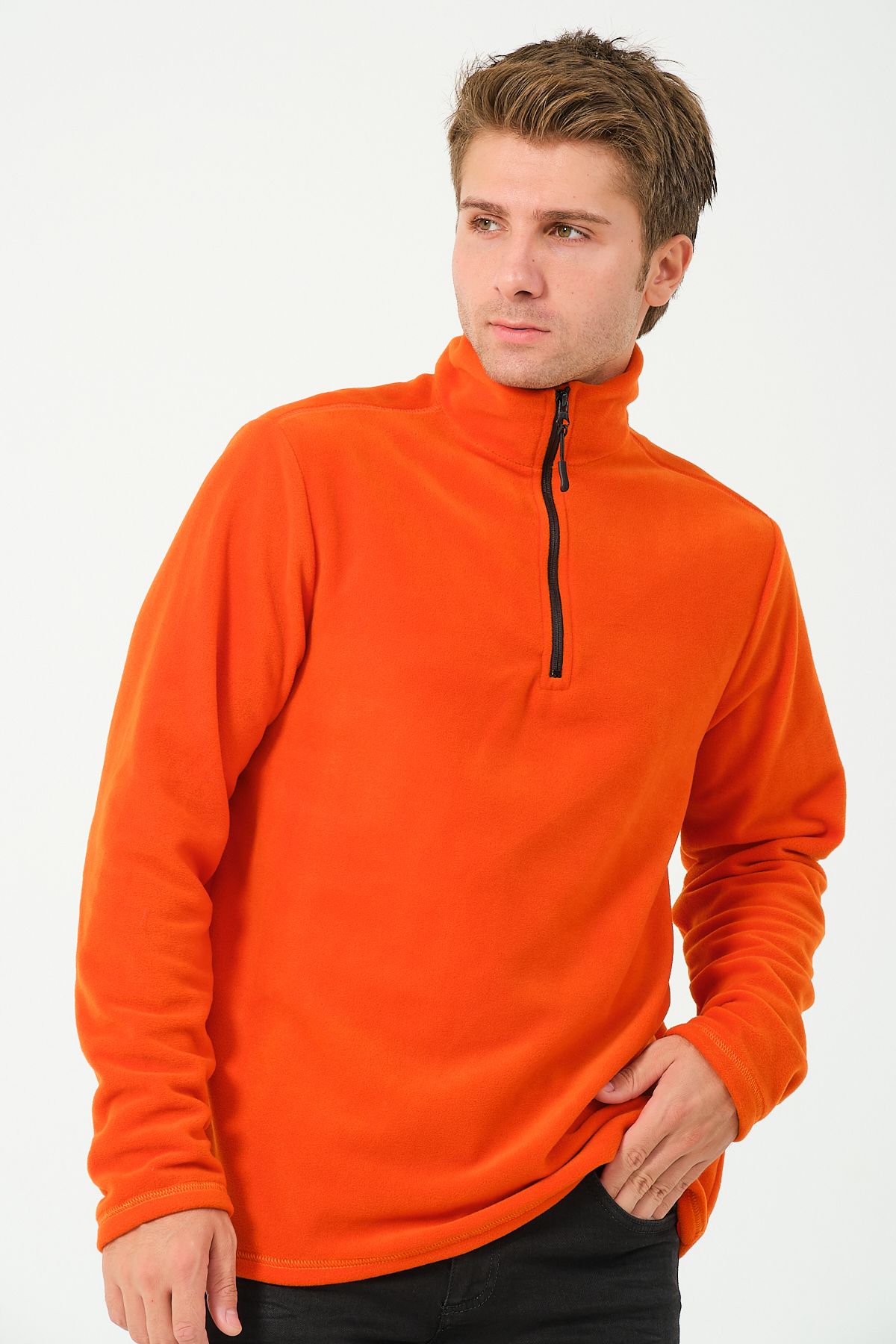 Men's Half Zipper Upright Neck Non-Feathering Fleece Orange