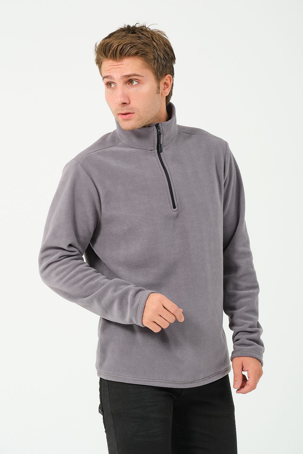 Men's Half Zipper Upright Neck Non-Feathering Fleece Grey
