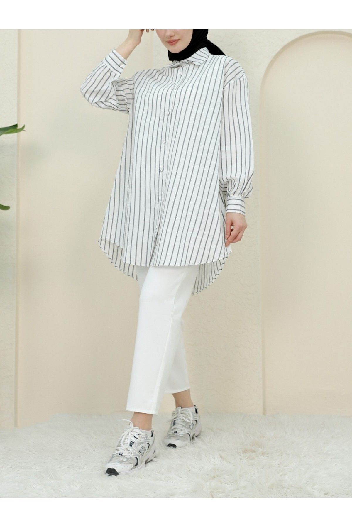 HİJABAYA-Stone Detailed Thin Striped Casual Shirt 3