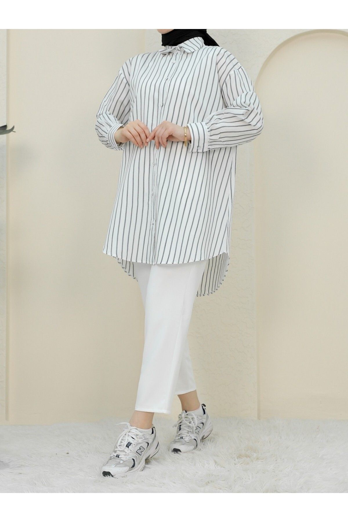 HİJABAYA-Stone Detailed Thin Striped Casual Shirt 4