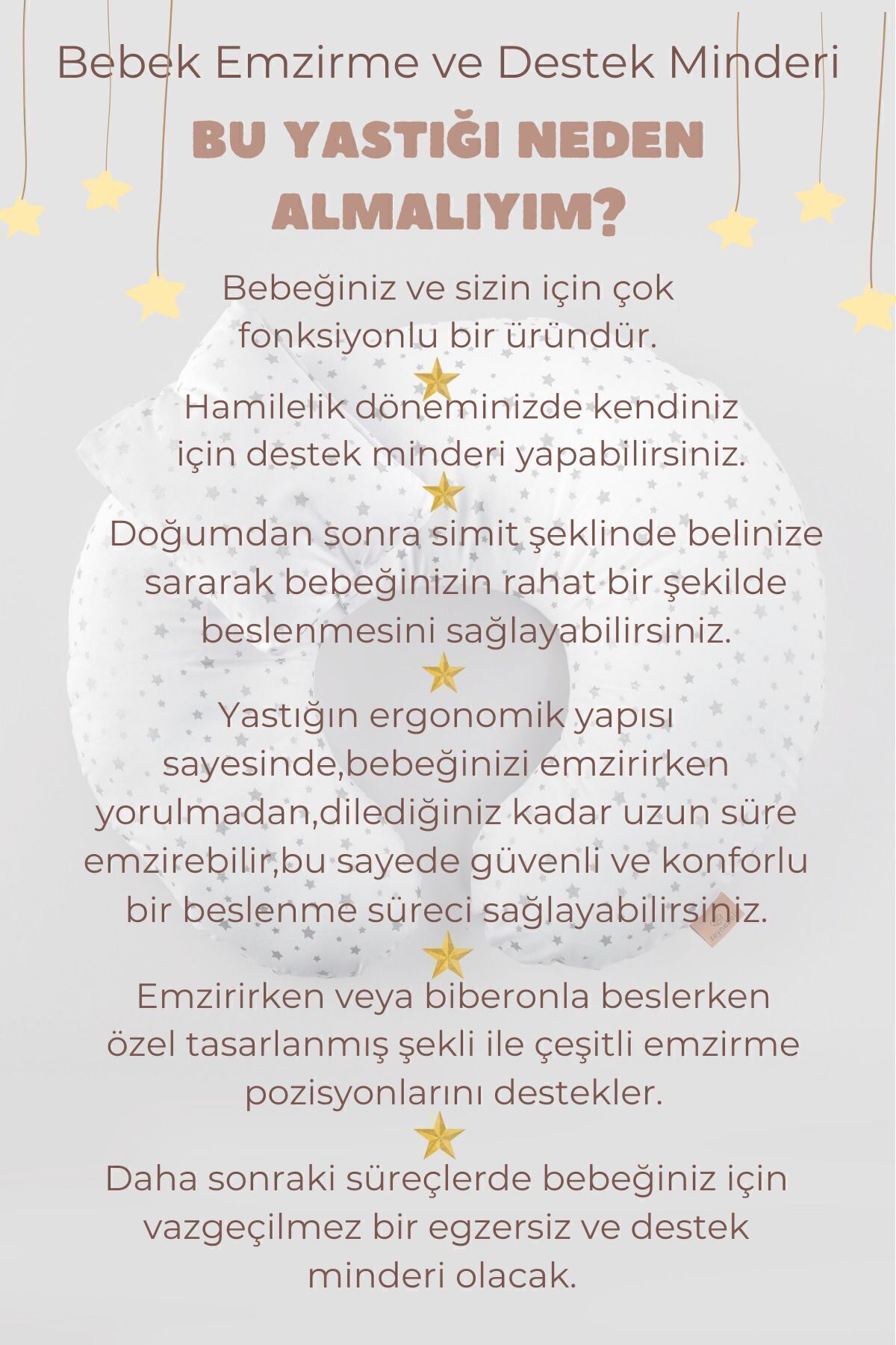 Zeynebeli Çift Taraflı Emzirme Yastığı ve Destek Minderi,Hamile Yastığı,%100 Pamuk Kumaş,Gri Yıldızlı fotoğrafı 6 (önizleme)