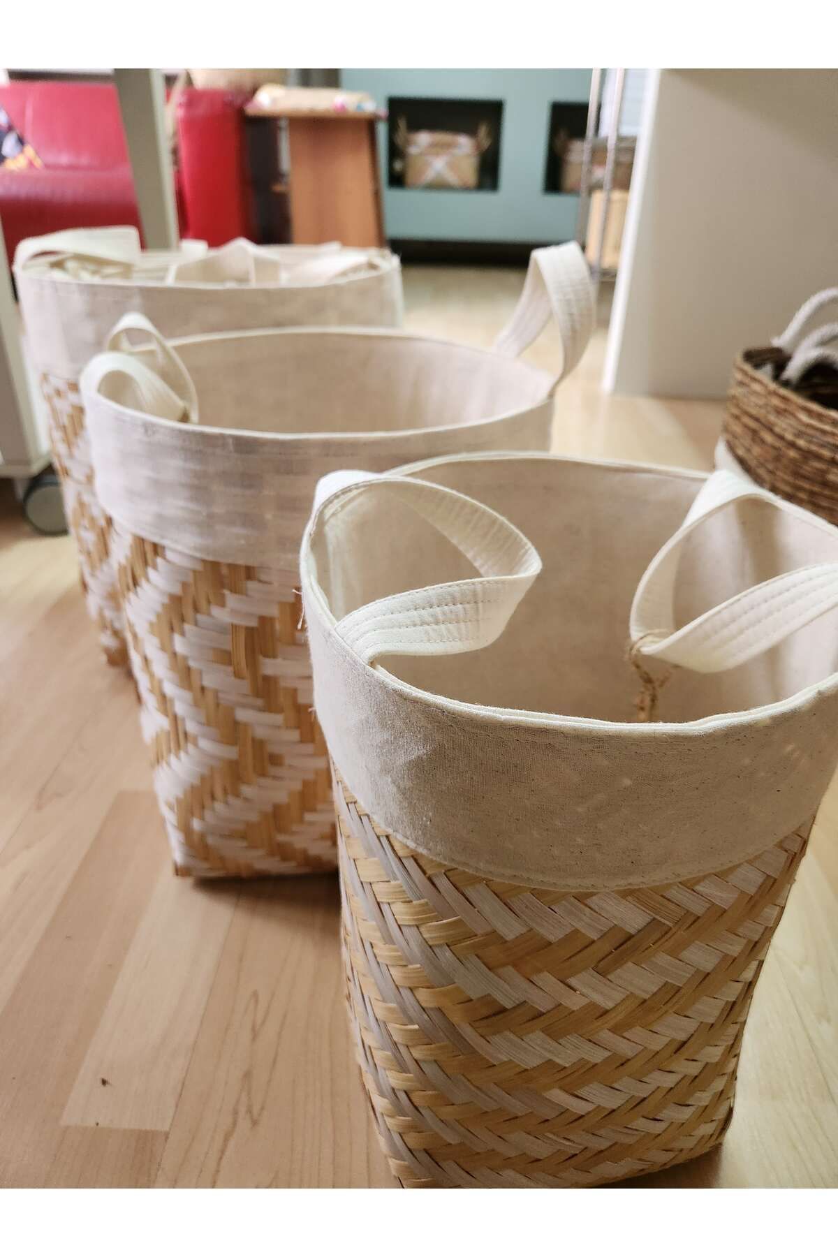 KANCAEV-White Small Deep Basket - with Hard Wicker Handle and Fabric Around 2
