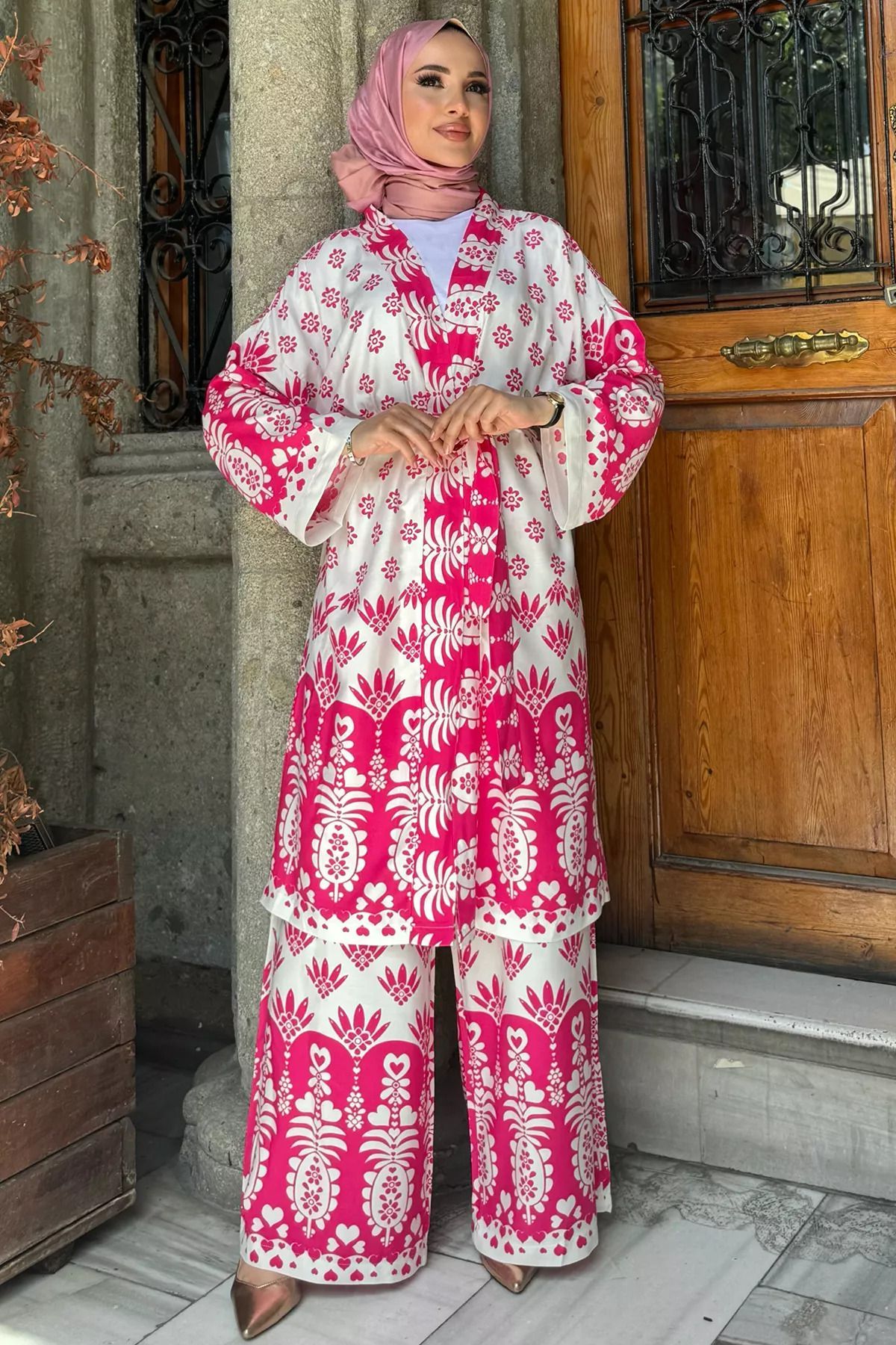 julude-Fuchsia Viscose Kimono and Hijab Set - Patterned Set of Two 2