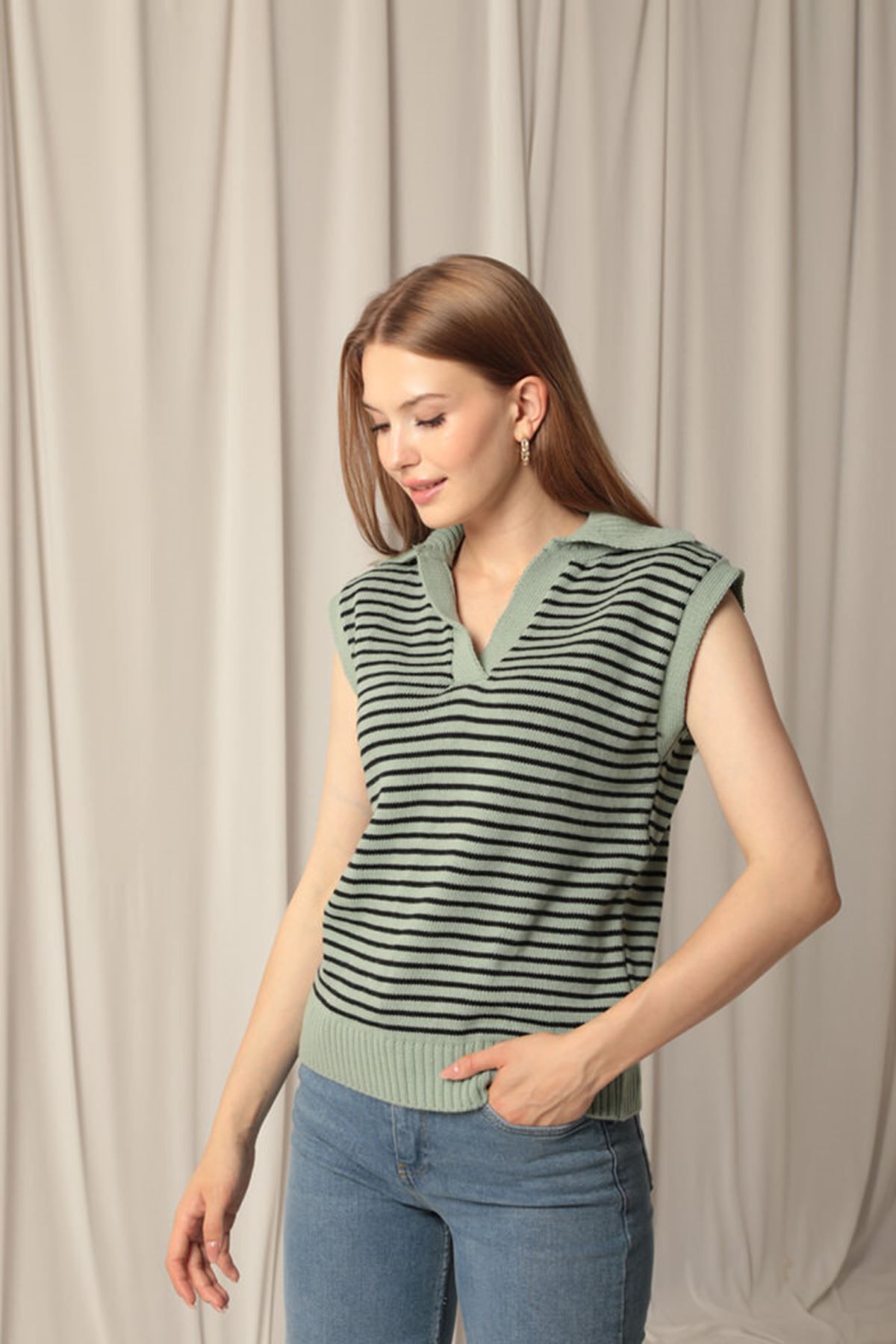 Butik-Knitwear Fabric Striped Women's Mint Sweater 2