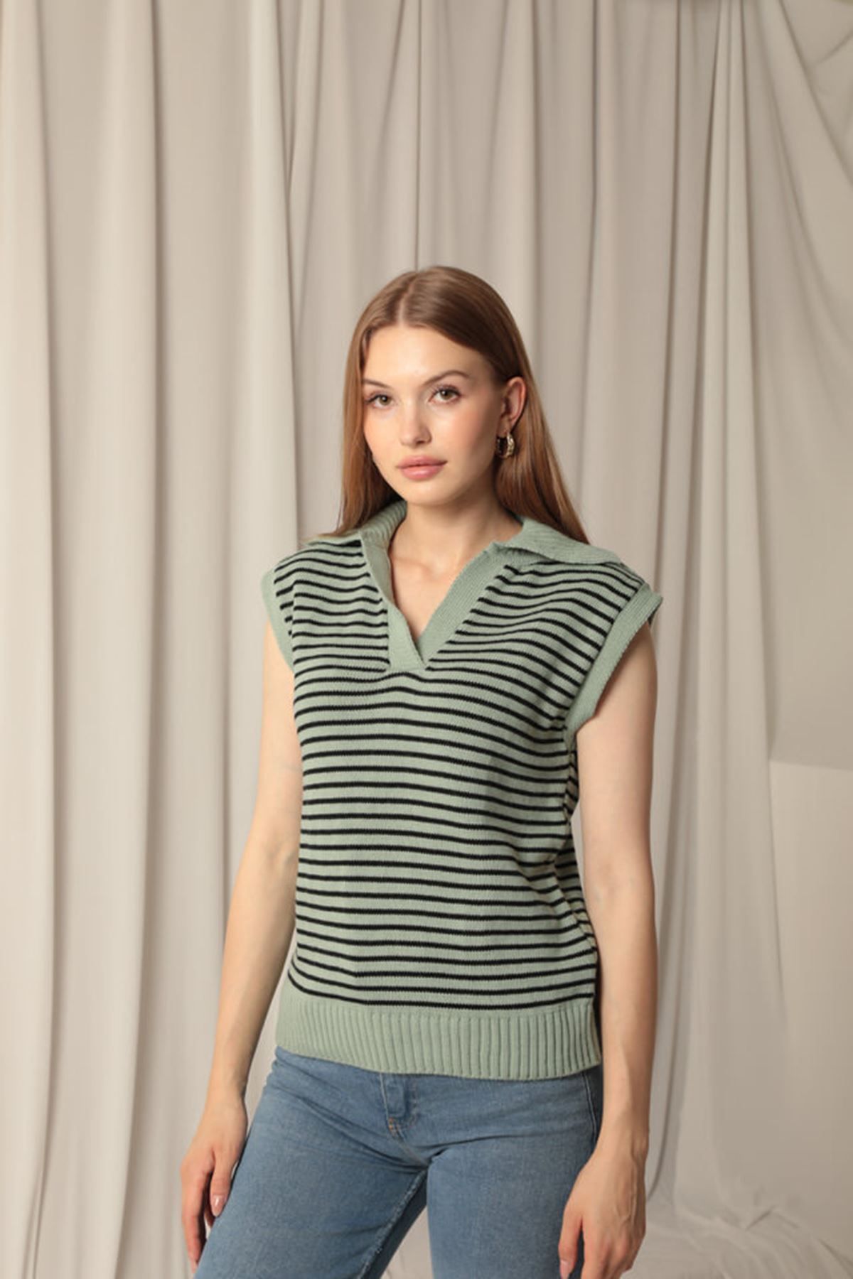 Butik-Knitwear Fabric Striped Women's Mint Sweater 3